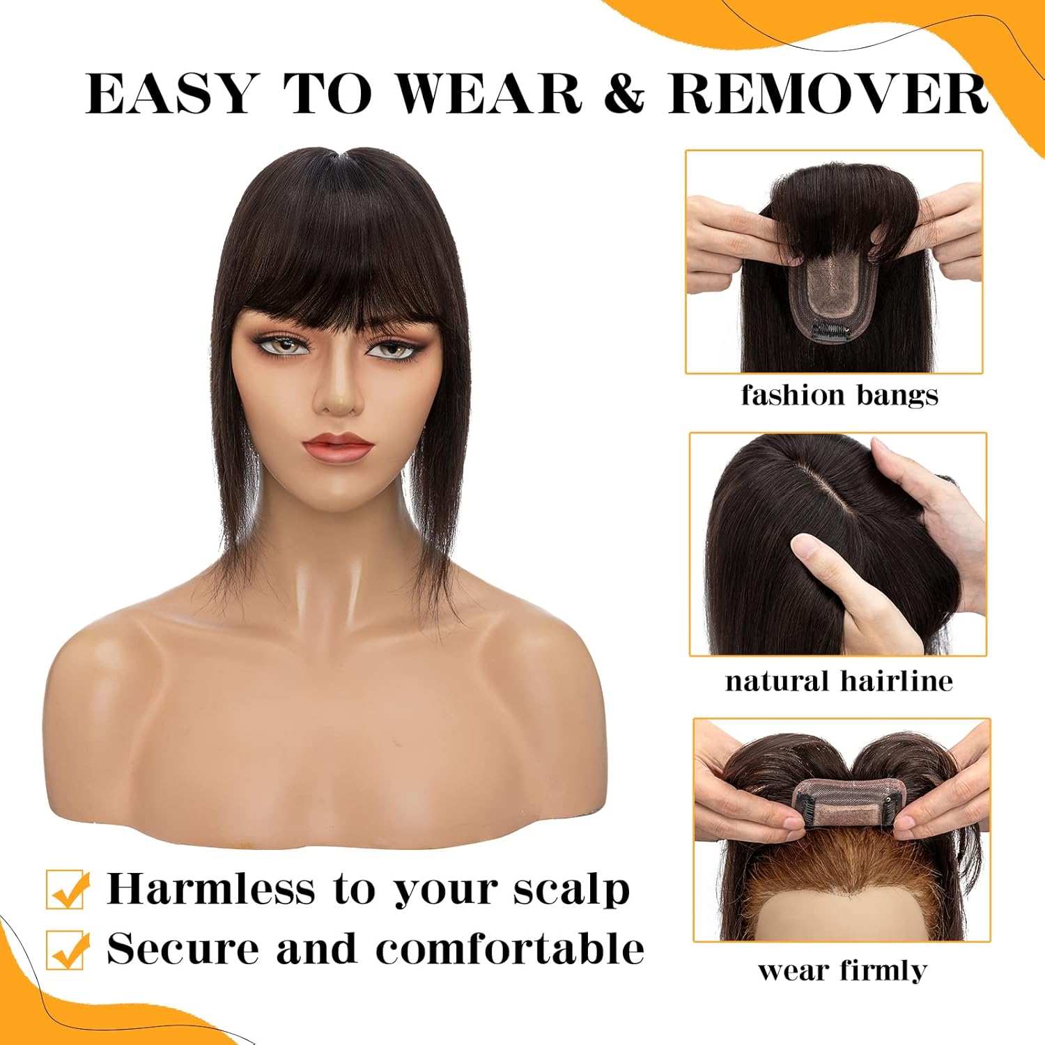 S-noilite Toppers para el cabello para mujer, con flequillo, 8 pulgadas, base de seda negra natural #1B, clip en la parte superior para mujeres con