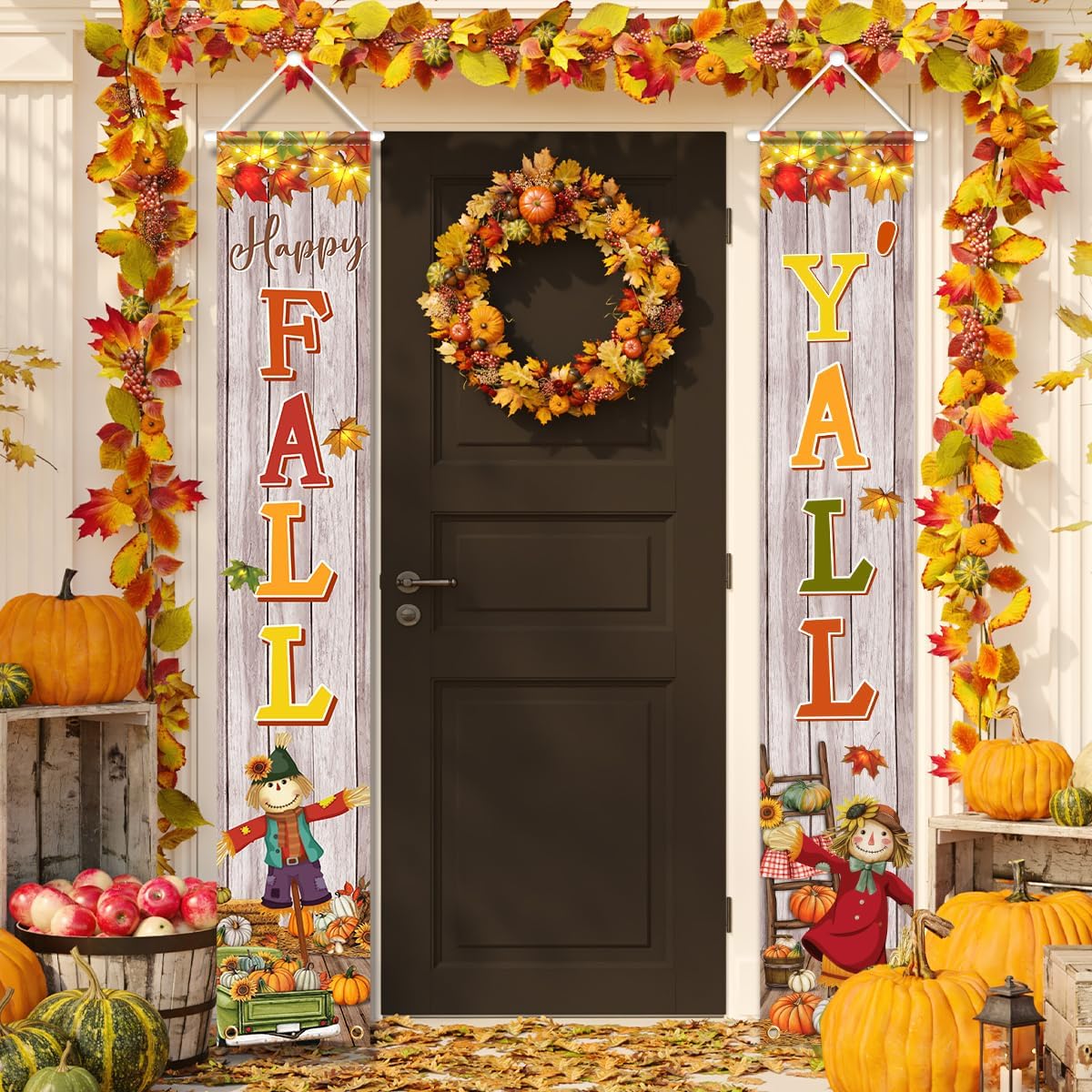 Cartel colgante de Acción de Gracias para el porche con texto en inglés “Happy Fall Y’all”, decoración de fiesta, espantapájaros, calabaza, cosecha