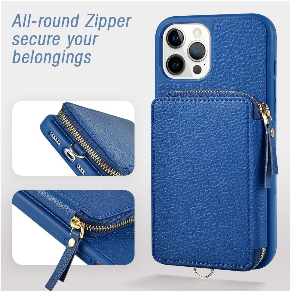 ZVE Funda tipo cartera para iPhone 12 y 12 Pro, con bloqueo RFID y correa para la muñeca para mujer, funda de piel con bloqueo RFID para iPhone 12