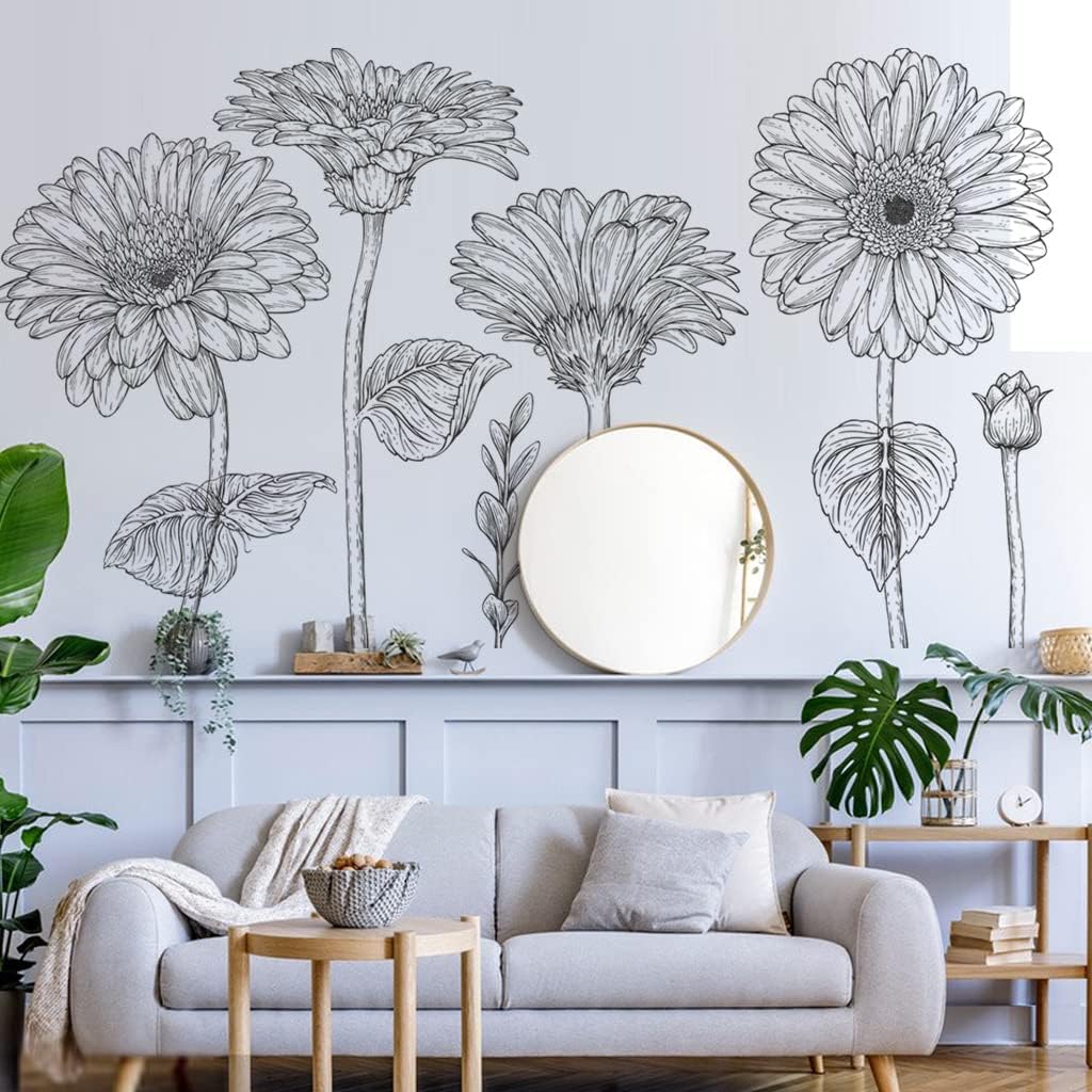 Calcomanías de pared de flores grandes para despegar y pegar, calcomanías de margaritas blancas y negras, calcomanías de pared florales para