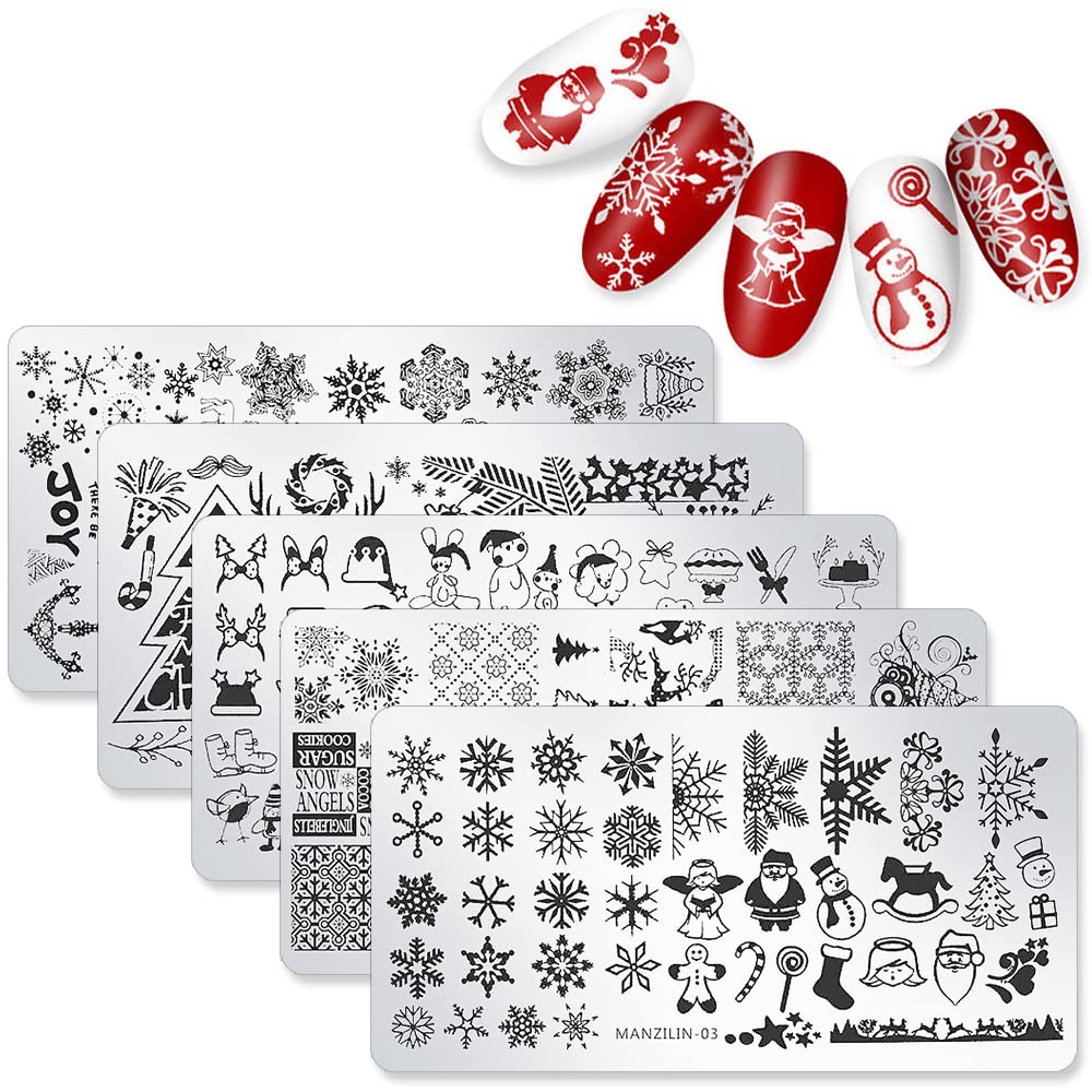 WOKOTO Juego de 5 placas de arte de uñas de Navidad, juego de estampación para nieve, invierno, arte de uñas, placa de imagen, plantilla de