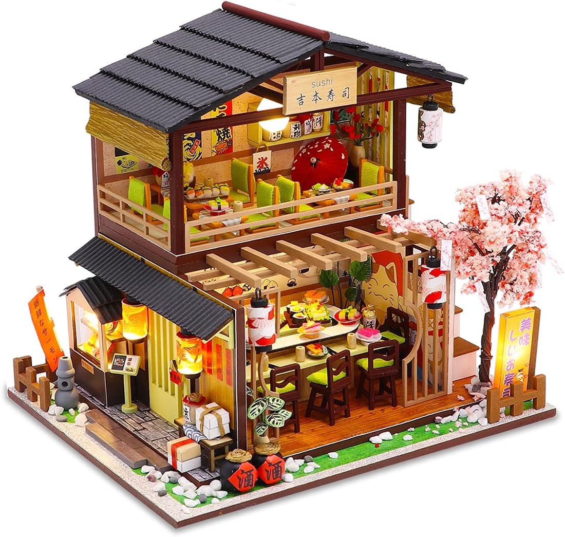 GuDoQi Kit de casa de muñecas en miniatura, kit de casa pequeña con muebles, kit de casa en miniatura a escala 124, tienda de estilo japonés, gran