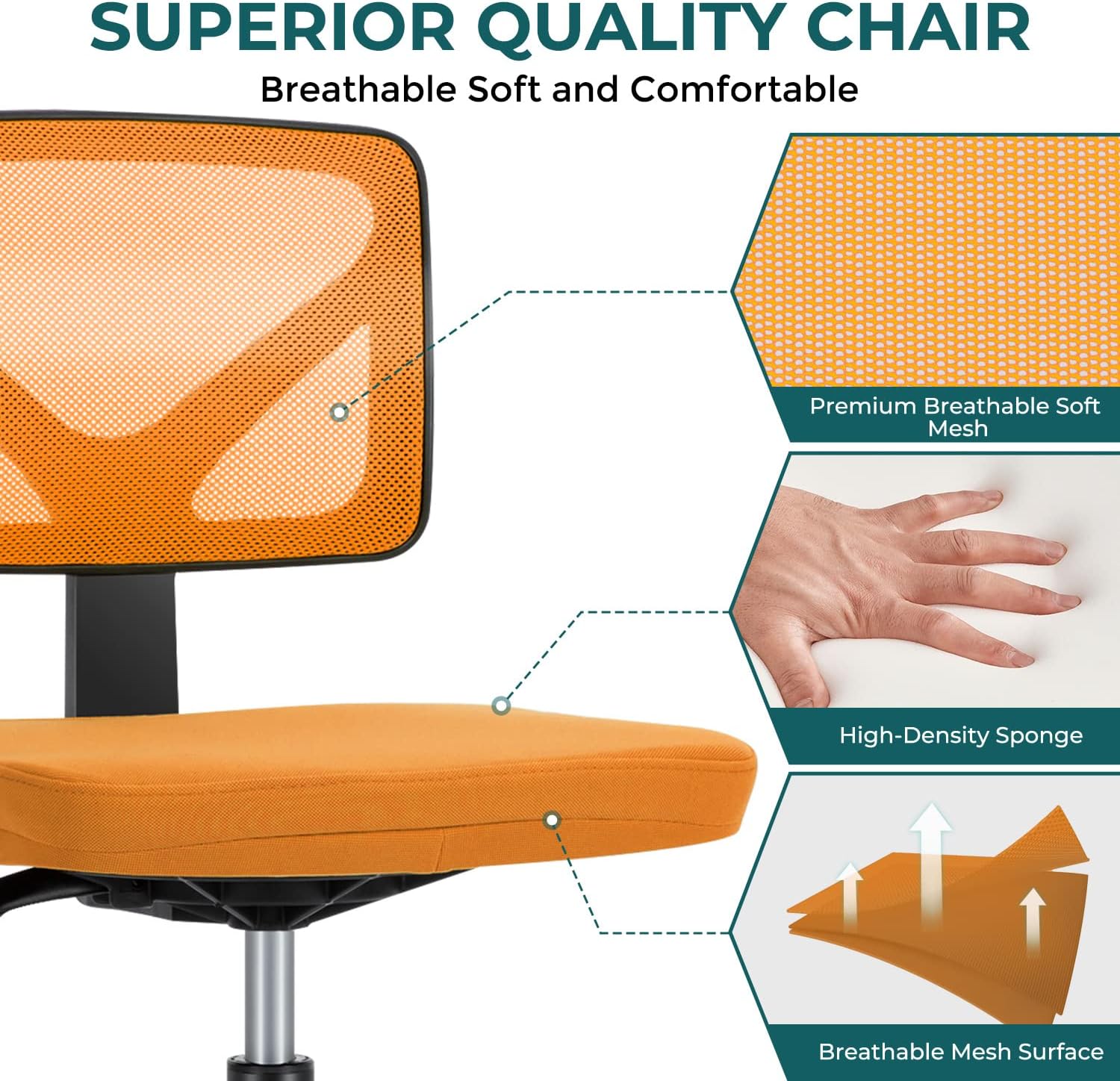 DUMOS Sillas de escritorio sin brazos con ruedas, bonita silla de oficina en casa, sin brazos, ergonómica ajustable giratoria, silla de trabajo con