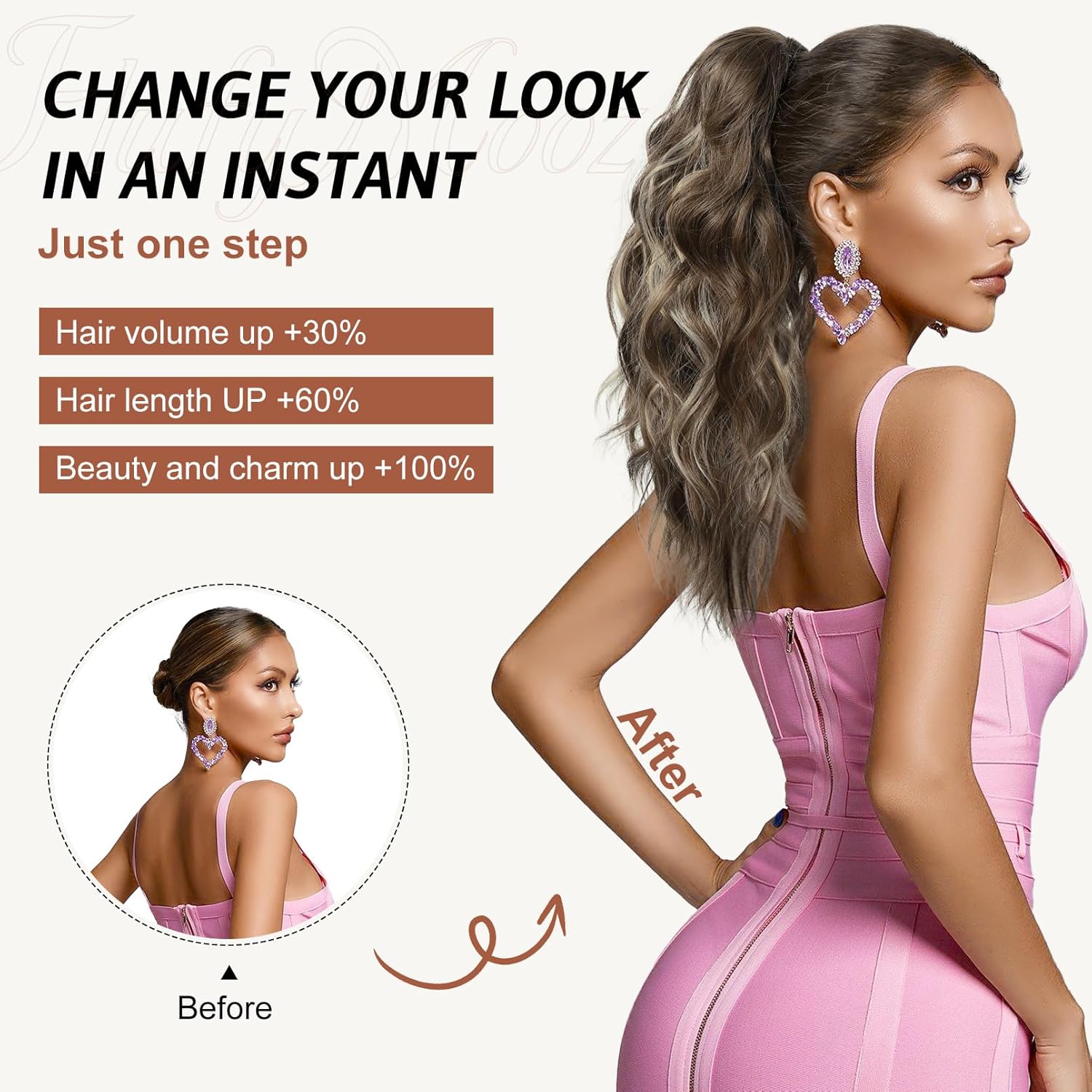 FLUFYMOOZ Extensión de cola de caballo, extensión de cola de caballo con clip de garra de 18 pulgadas, extensiones de cabello ondulado y rizado con