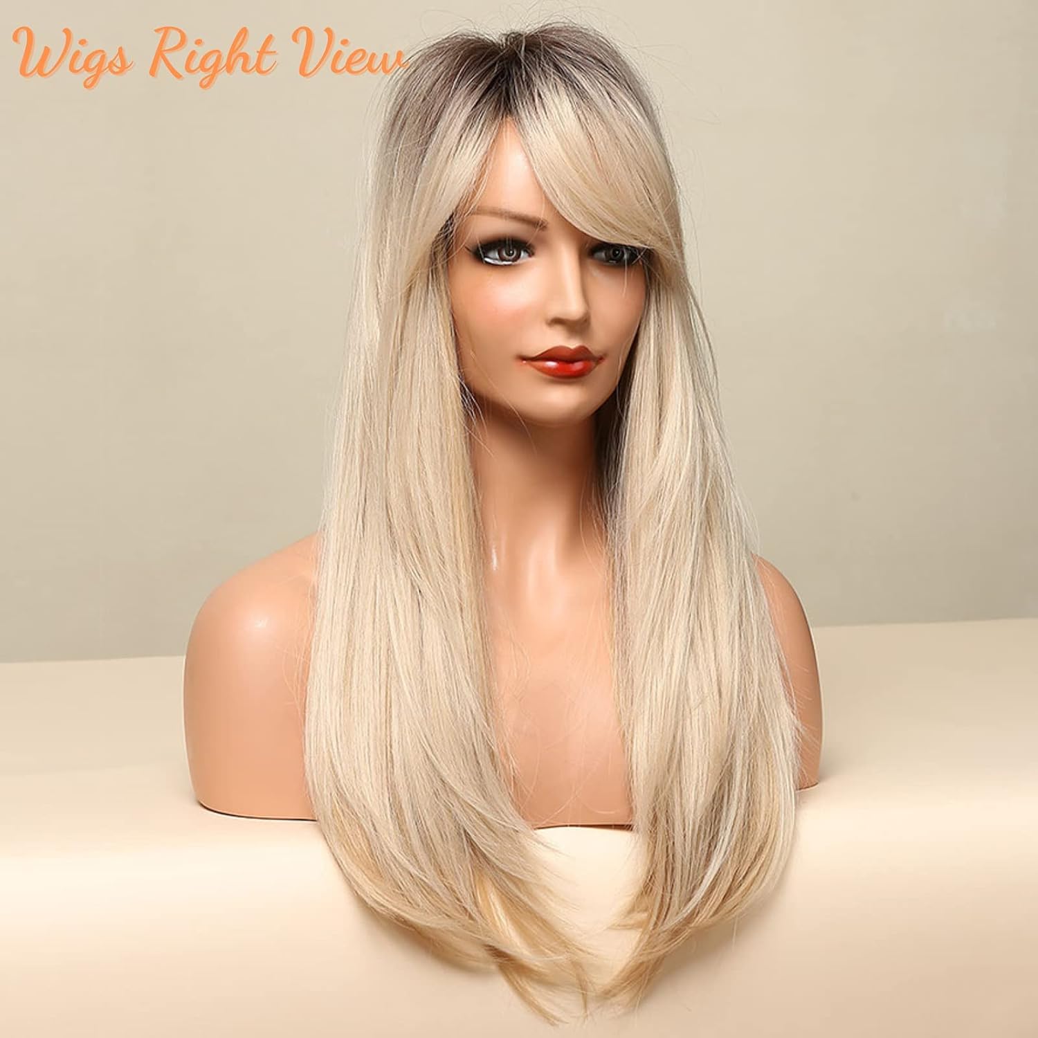 Honygebia – Peluca rubia con flequillo lateral, pelucas largas y lacias para mujeres blancas, pelo sintético color rubio oscuro ombré, resistentes