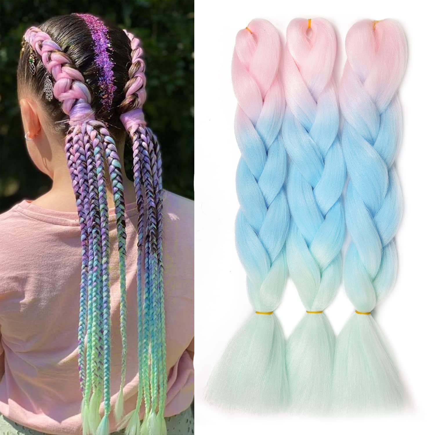 MAYSA Extensiones de cabello trenzado degradado rosa y verde, 24 pulgadas, 3 paquetes, sintético, colorido, preestirado, cabello trenzado jumbo,