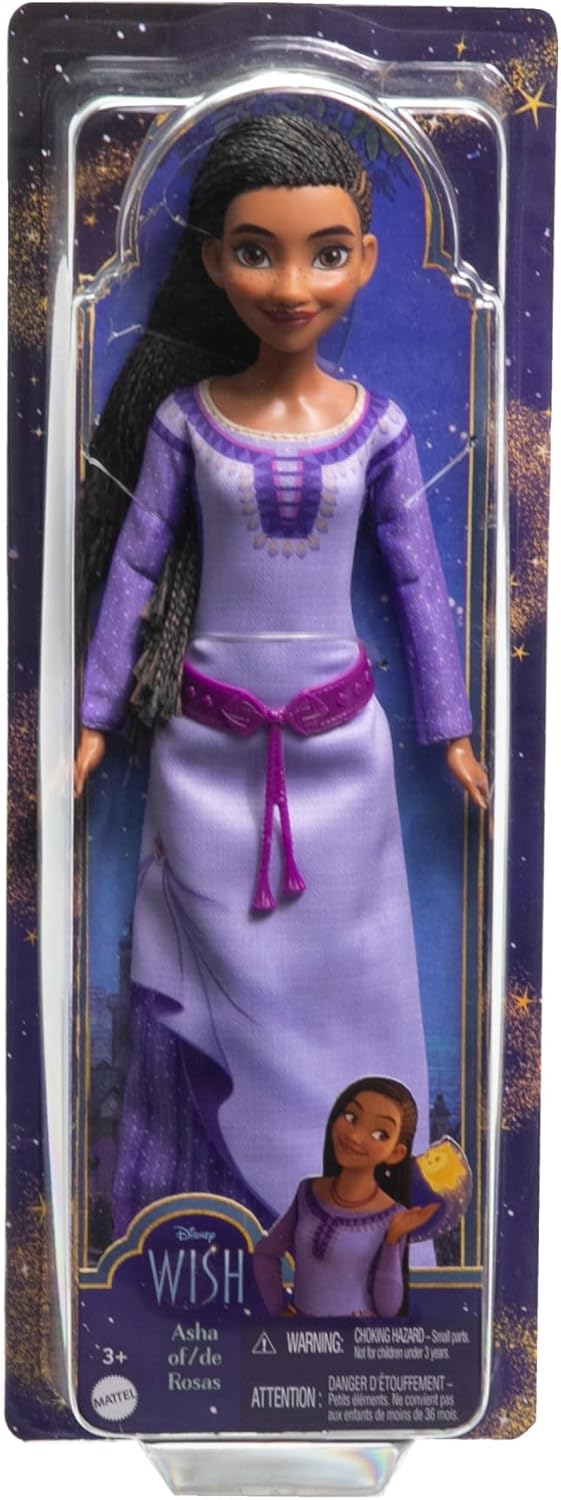 Mattel Disney Wish Asha of Rosas – Muñeca de moda posable con cabello natural, incluye ropa, zapatos y accesorios extraíbles