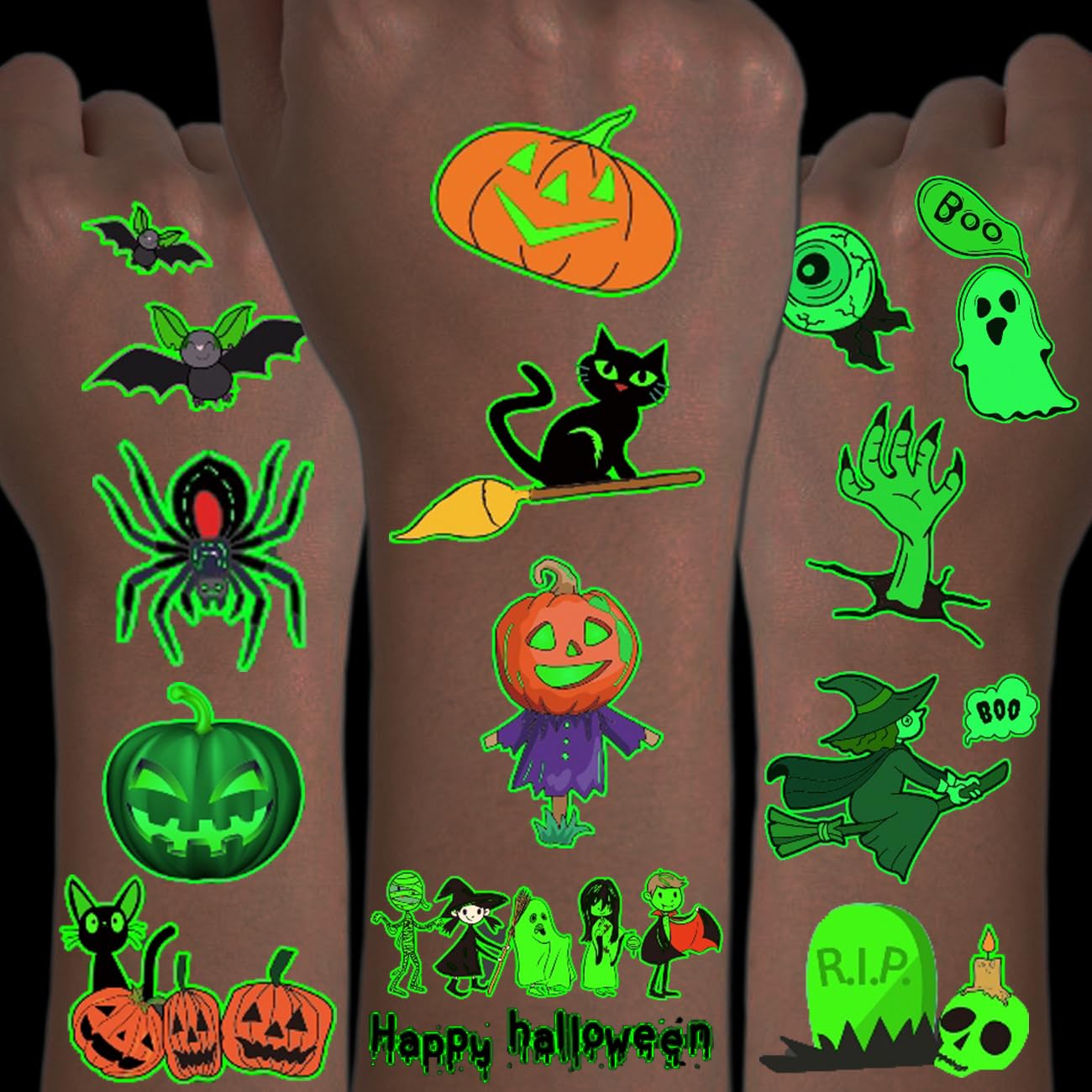 CHARLENT Tatuajes temporales luminosos de Halloween para suministros de fiesta de niños, 100 estilos que brillan en la oscuridad de Halloween,