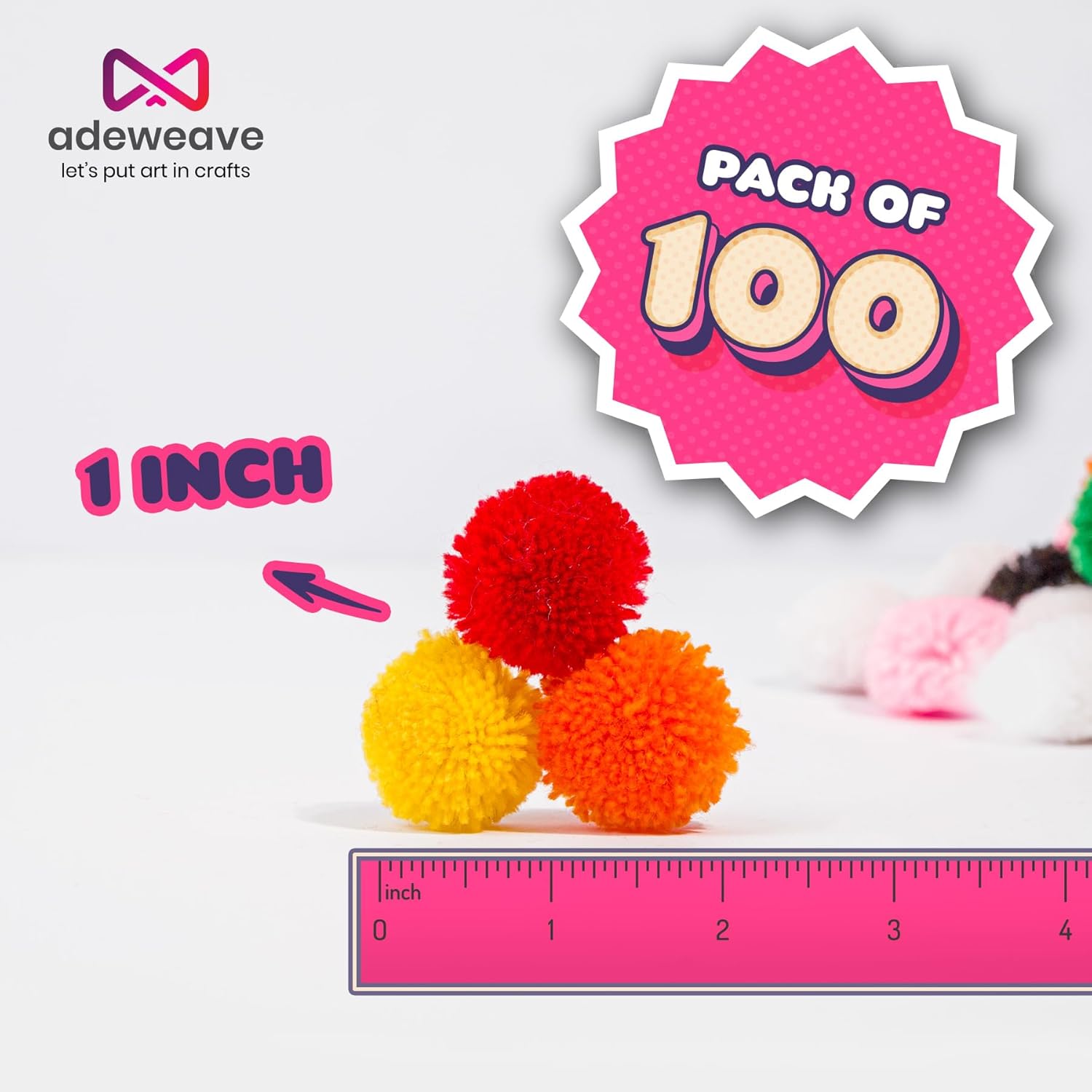 Adeweave 100 pompones multicolor hechos a mano de 1 pulgada para manualidades, pompones de lana de cachemira suaves y esponjosos, ideales para