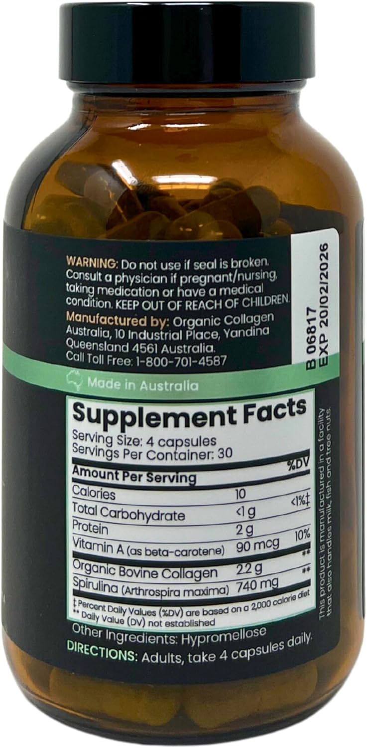 Cápsulas de colágeno puro y espirulina para la energía y la salud de la piel, 120 unidades