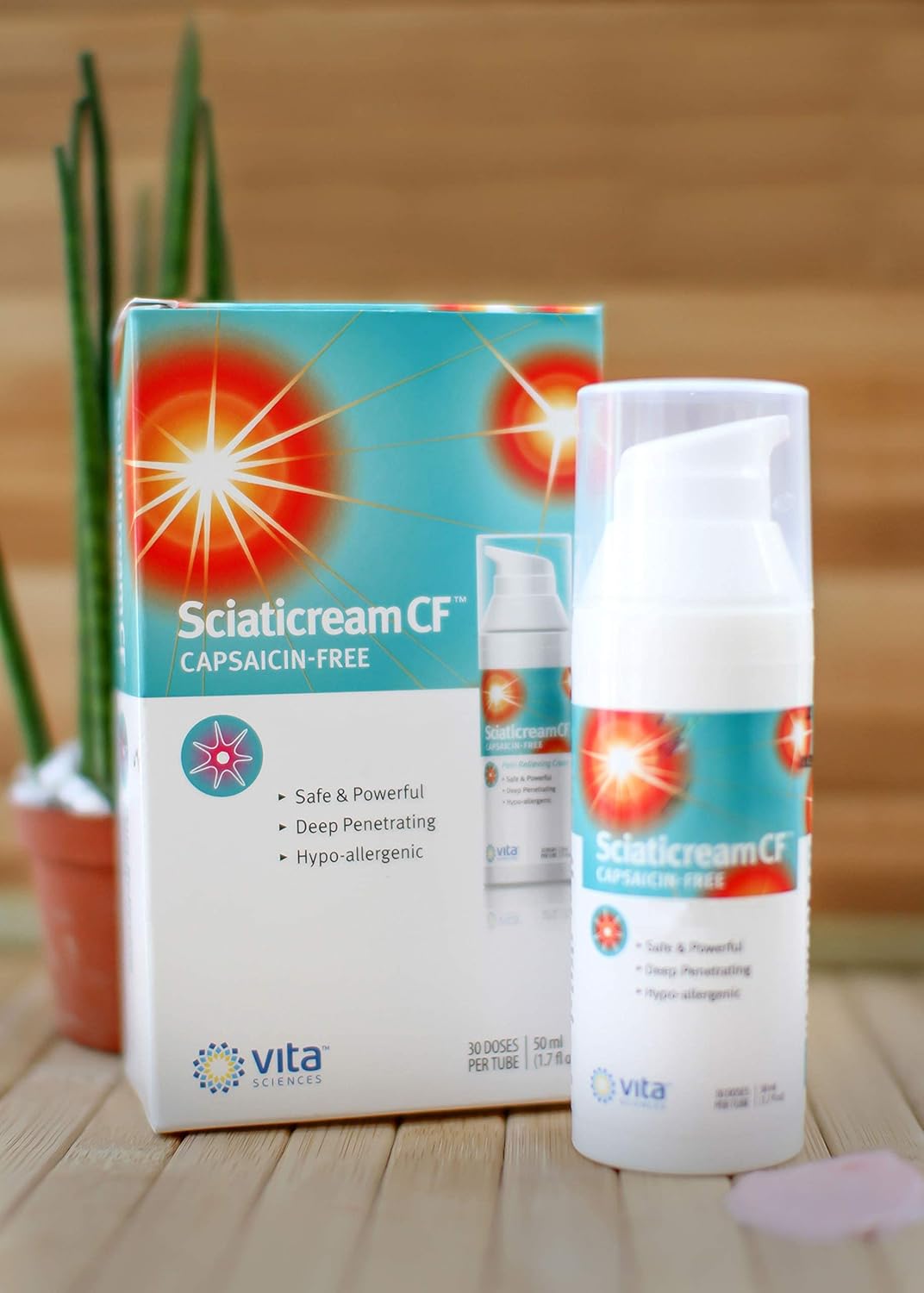 Vita Sciences Sciaticream CF Crema calmante rápida para el nervio ciático con base de árnica, B1, B5, B6, MSM, aloe y aceite de coco. Sin