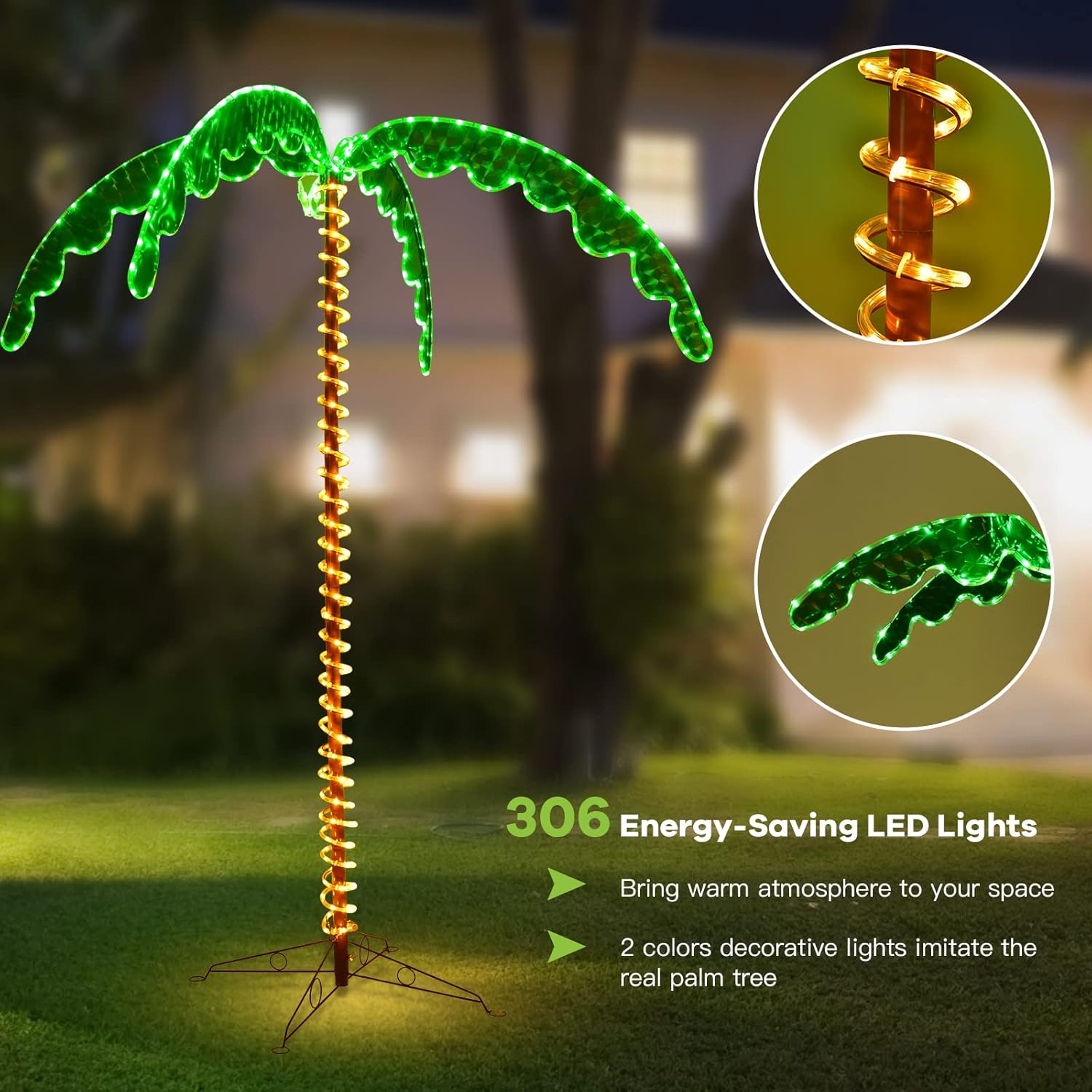 Tangkula Palmera con luz LED de 7 pies con 306 luces LED para patio exterior, palmera de coco iluminada estilo hawaiano, decoración navideña para