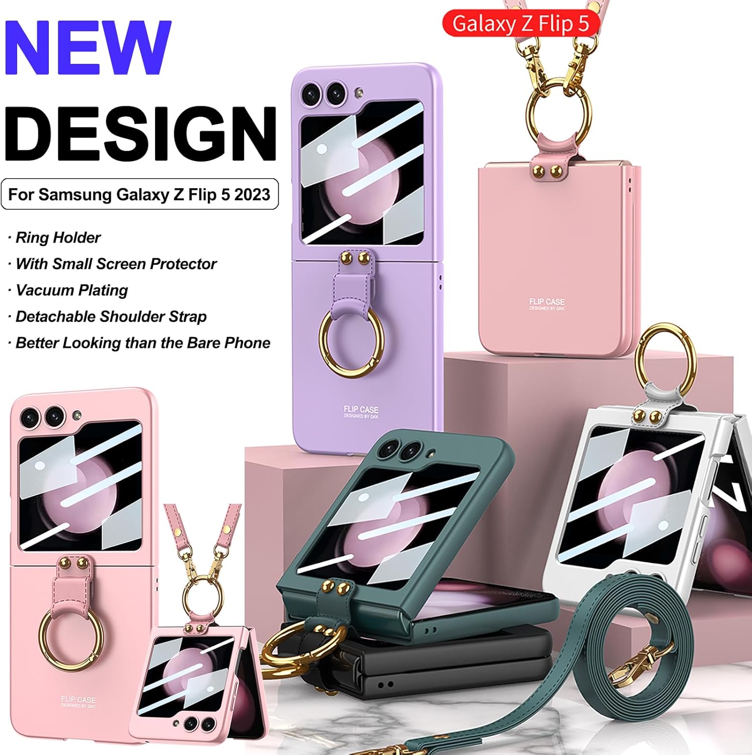 Miimall Funda compatible con Samsung Galaxy Z Flip 5 con correa para mujeres y niñas, película de pantalla pequeña integrada, soporte de anillo de