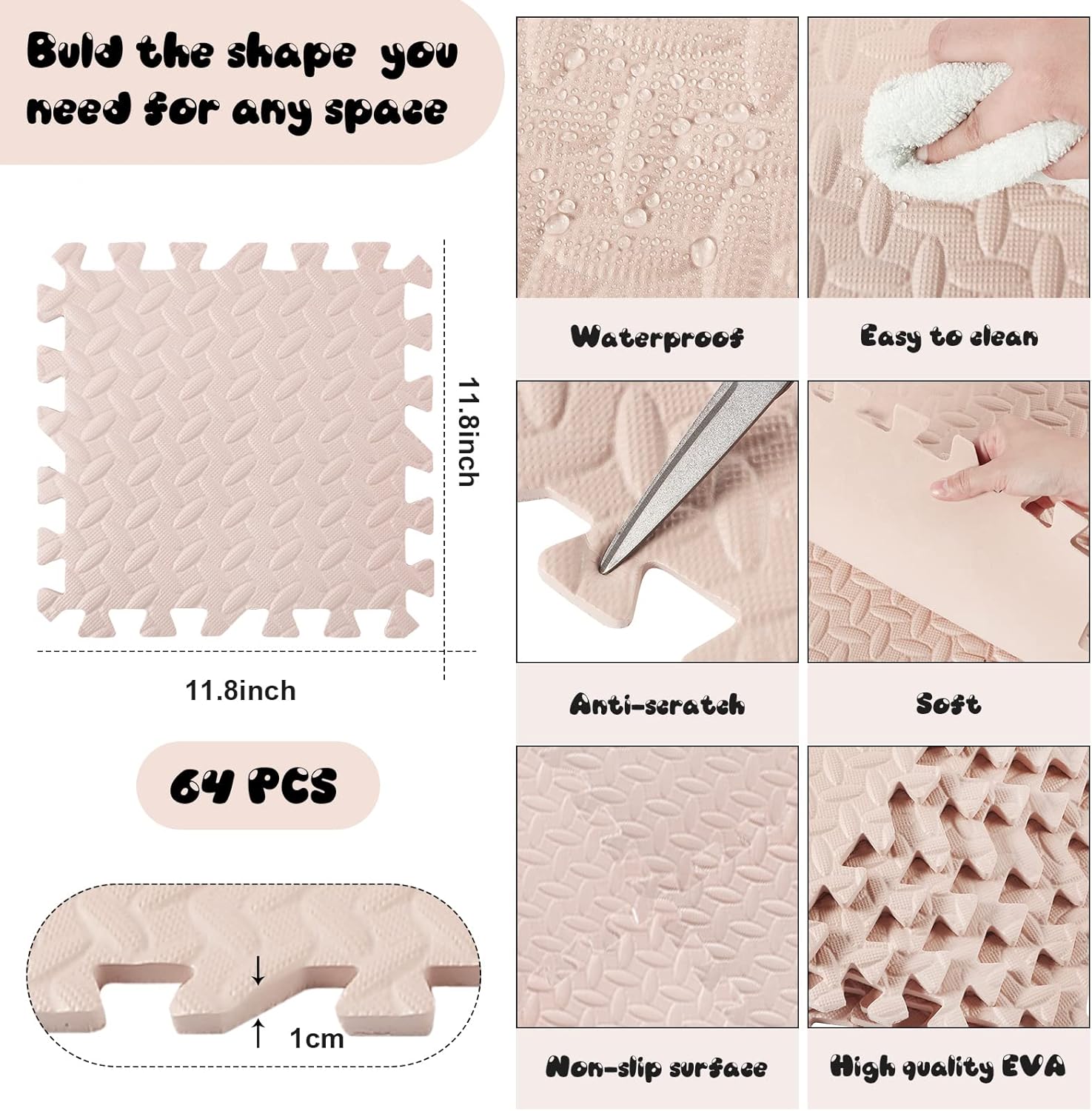 Shihanee 64 tapetes de espuma para bebé, tapetes de juego a granel con bordes entrelazados para niños, bebés, sala de juegos, guardería, gimnasio