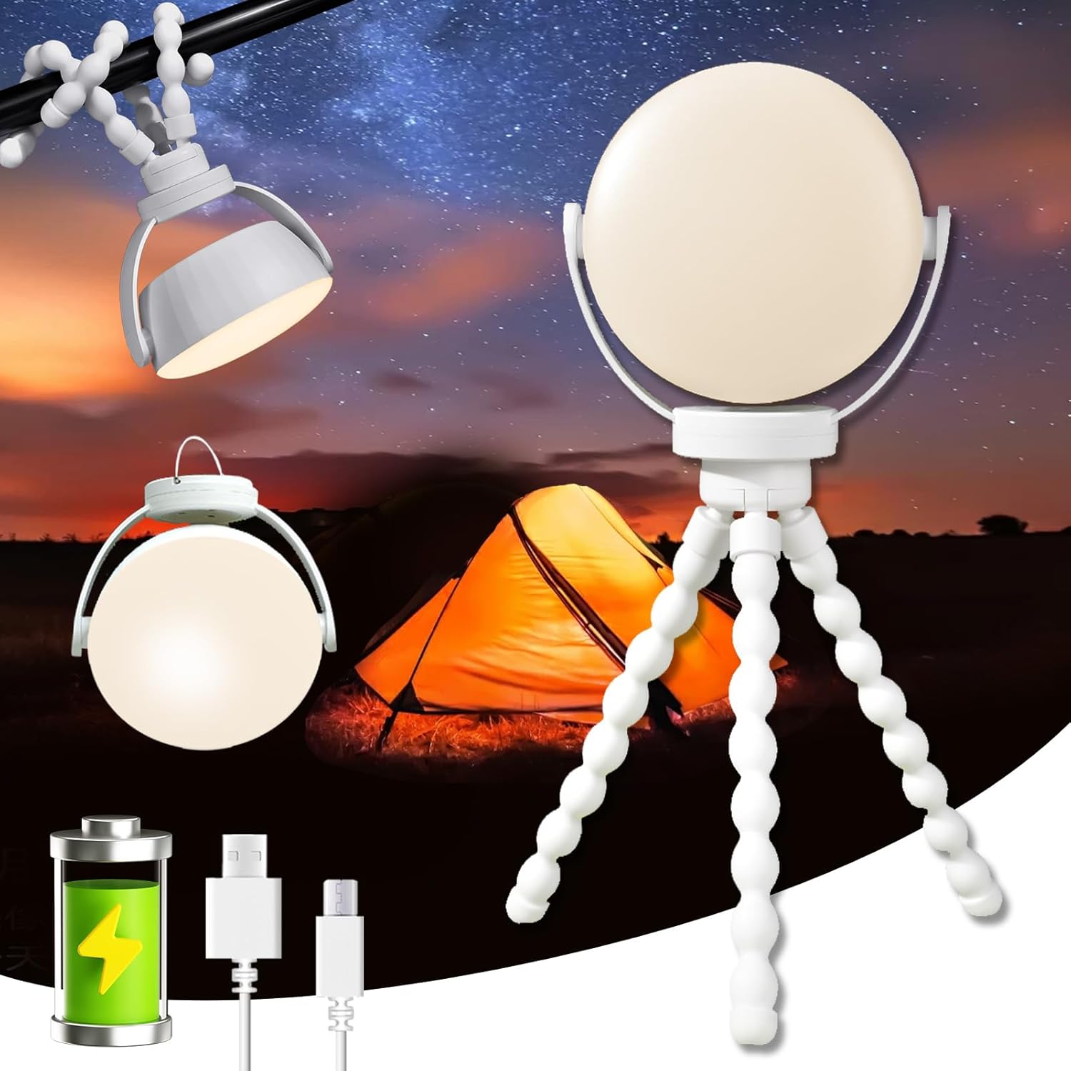 Linterna de camping portátil recargable, trípode flexible con clip en luces de campamento con IP65 impermeable para tienda de campaña, linterna