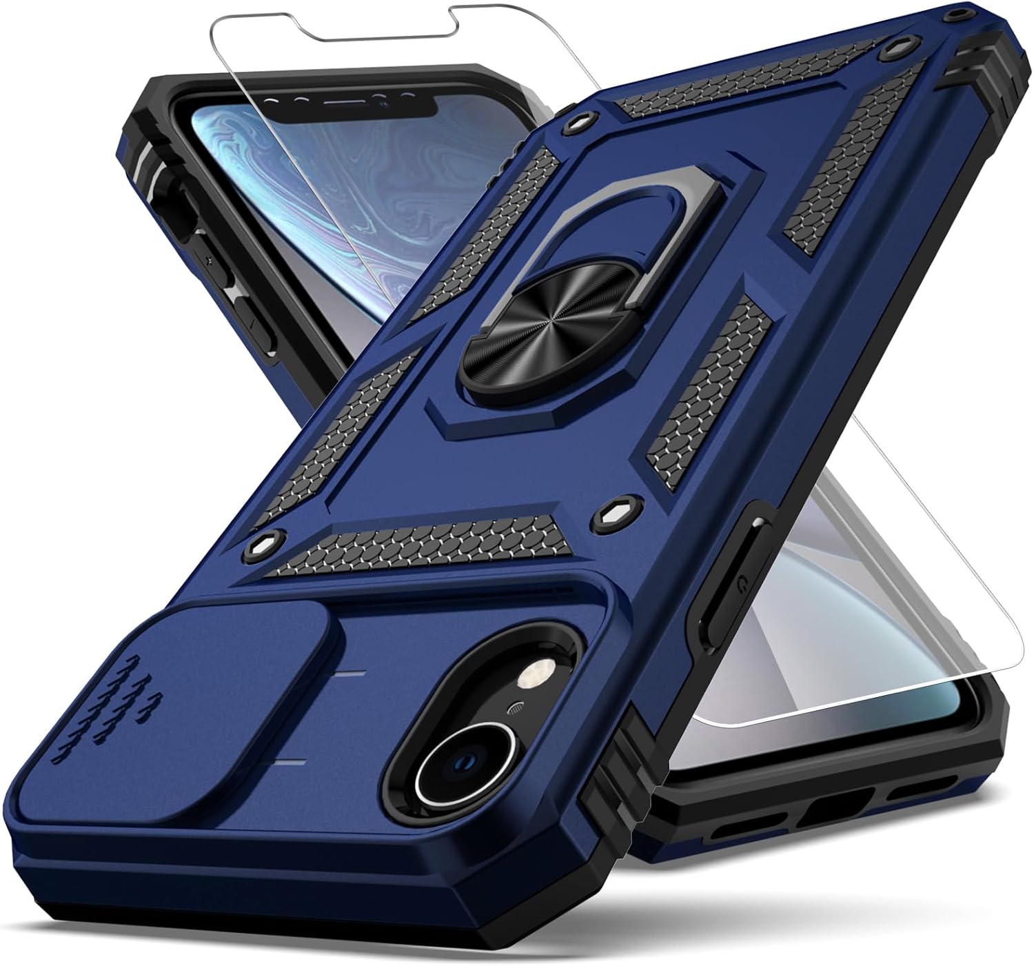 Funda para iPhone XR, con cubierta para lente de cámara, protector de pantalla HD, grado militar anillo de montaje en coche, soporte híbrido de