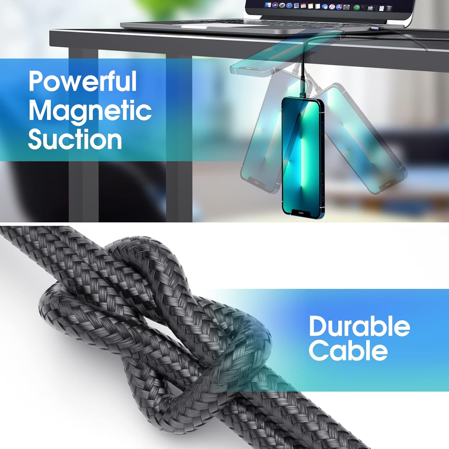 Cable de carga magnético paquete de 3, 10 pies10 pies10 pies Cargador magnético giratorio de 540 para teléfono, cable USB magnético 3 en 1 con luz