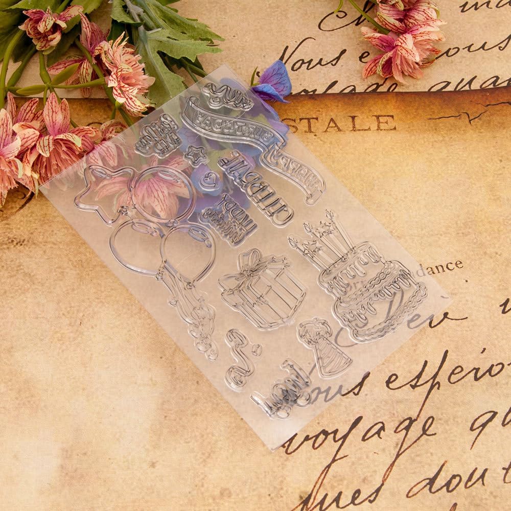 Arbuya Sellos transparentes para pastel de cumpleaños para hacer tarjetas de cumpleaños o diario, caja de regalo de cumpleaños, pancarta de globos,