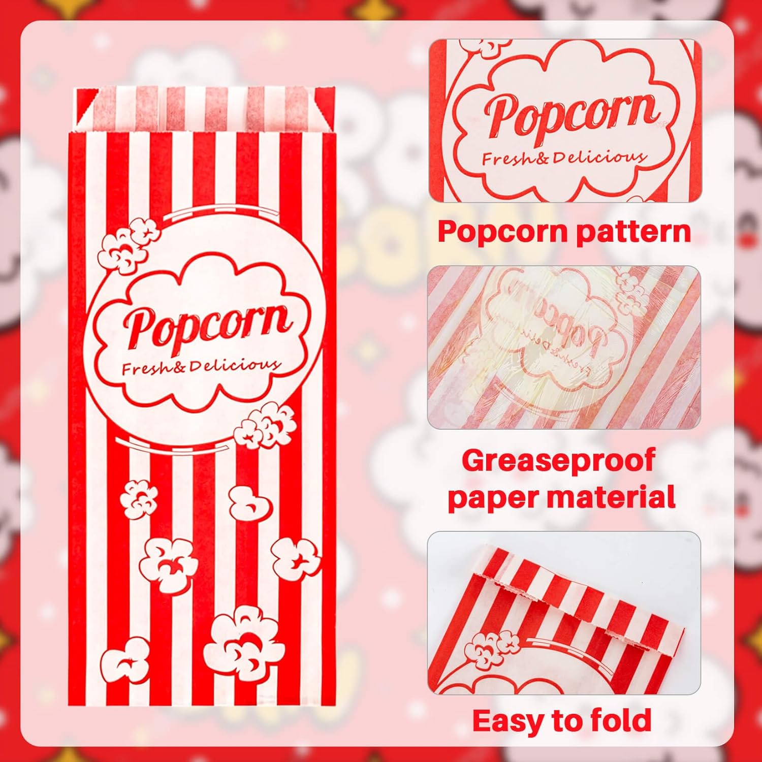 100 bolsas de palomitas de maíz, porciones individuales, bolsas de papel desechables de MAQIHAN para fiestas, carnaval, Halloween, paquetes de