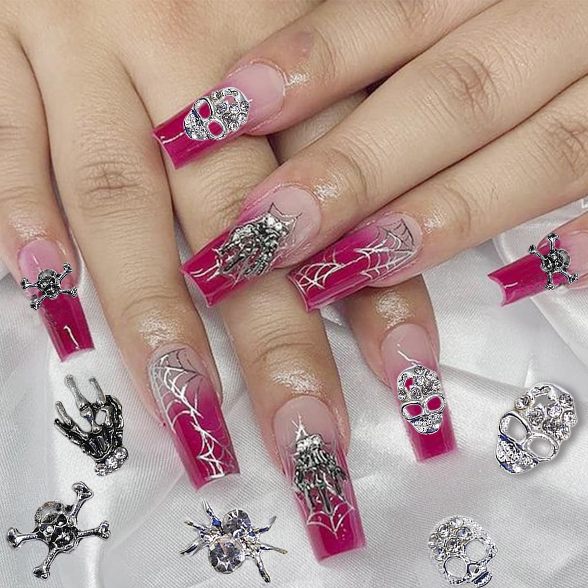 20 dijes de uñas de Halloween 3D dorado y plateado para uñas, diamantes de imitación góticos de calavera esqueleto, mano, araña, joyería de uñas,