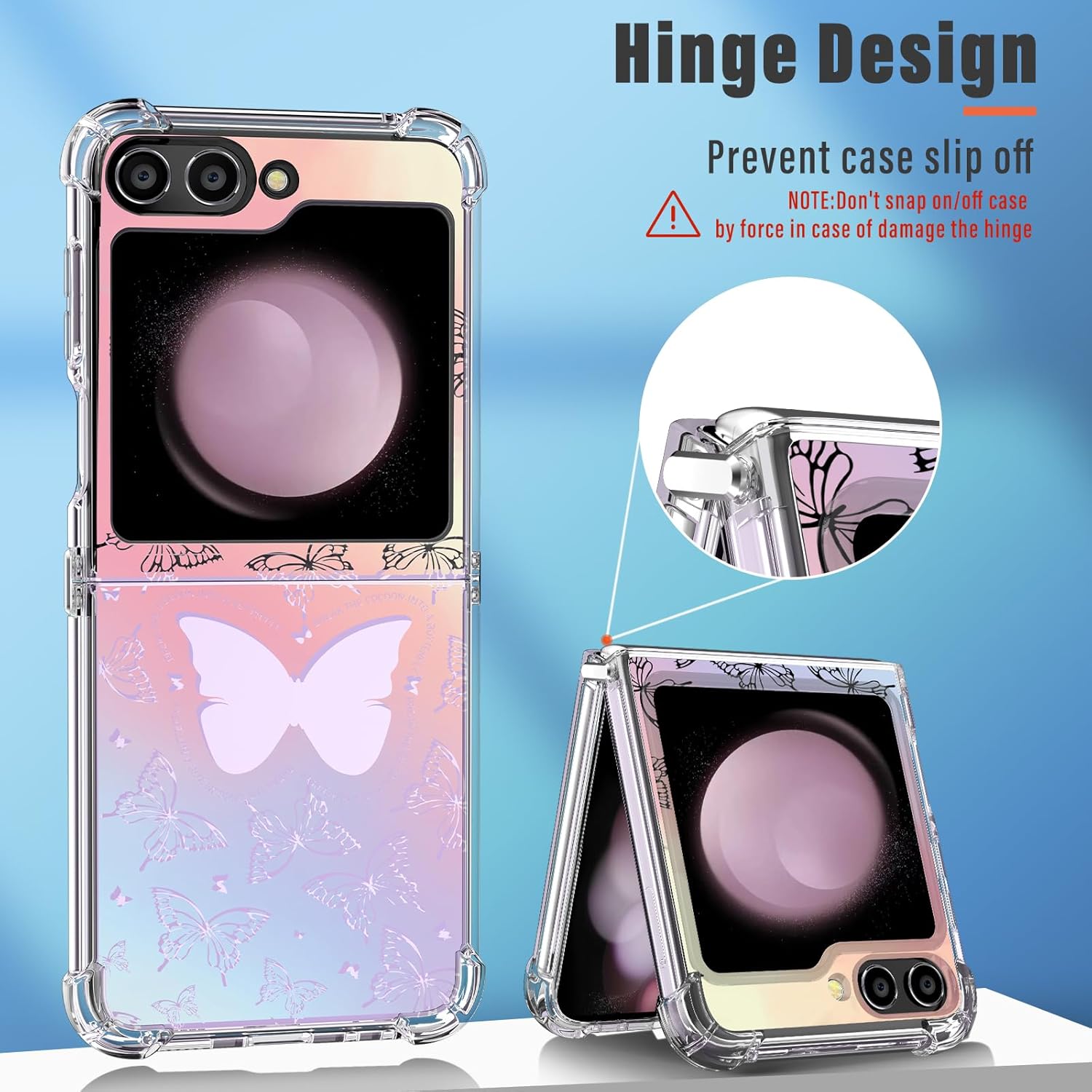 Funda para Samsung Galaxy Z Flip 5, diseño de mariposas de diseño protector transparente de TPU suave a prueba de golpes para Galaxy Z Flip 5 para