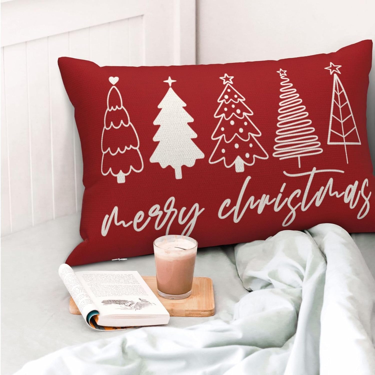 GOLIANDA Juego de 2 fundas de almohada de Navidad de 12 x 20 pulgadas, fundas de almohada de lino decorativas de invierno, Navidad, almohadas rojas