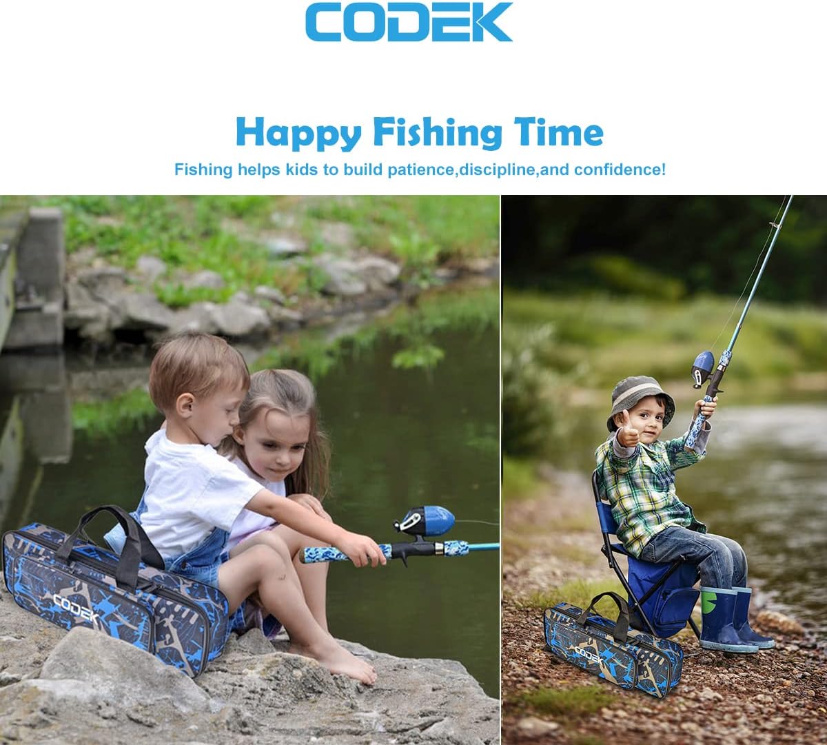 CODEK Kids Fishing Pole Set with Full Starter Kits 2 Set Portable Telescopic Fishing Rod and Spincast Reel Cambos with a Fishing Net and 2 Buckets