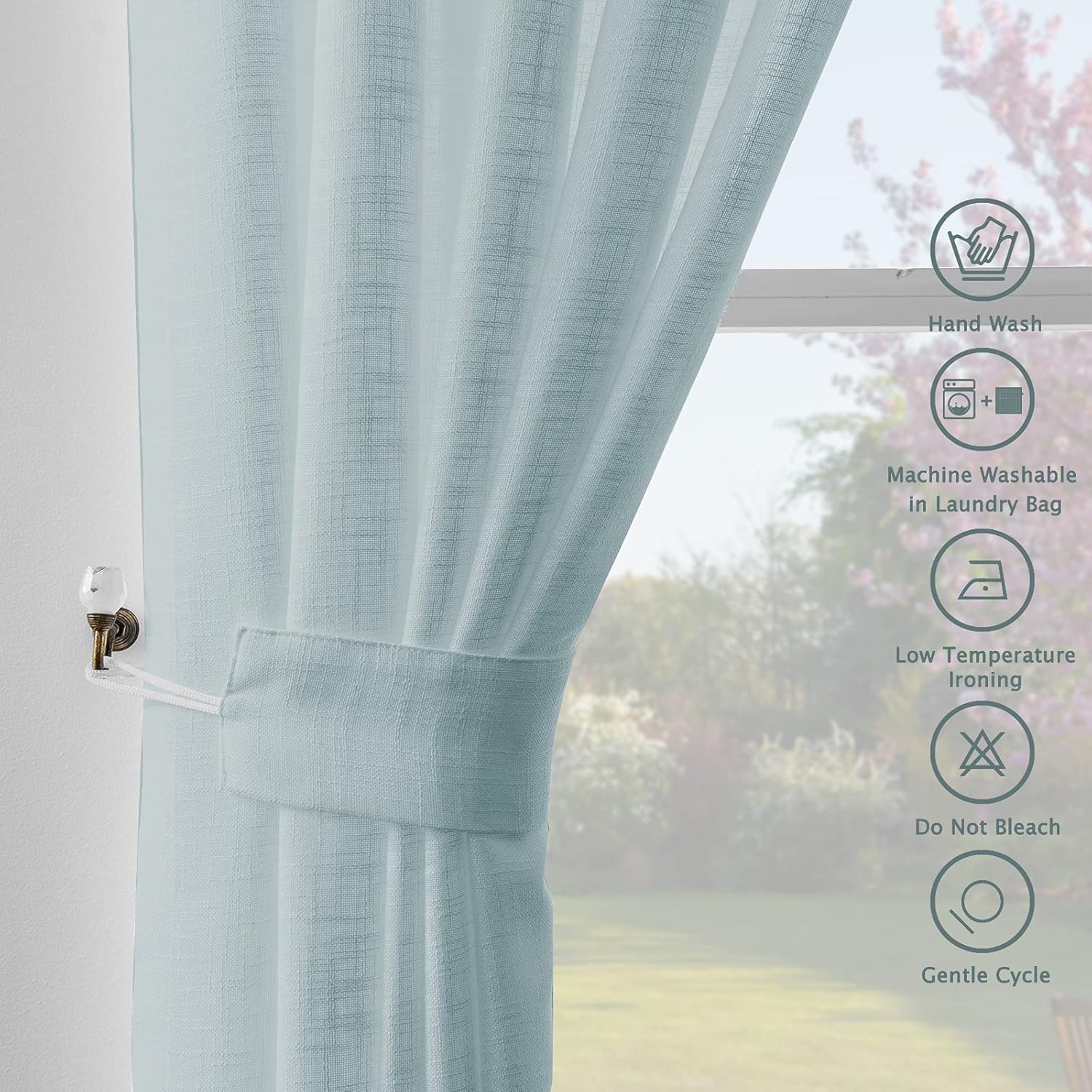 Melodieux Cortinas semitraslúcidas con textura de lino aguamarina de 84 pulgadas de largo para sala de estar, dormitorio, cortinas de gasa de lino