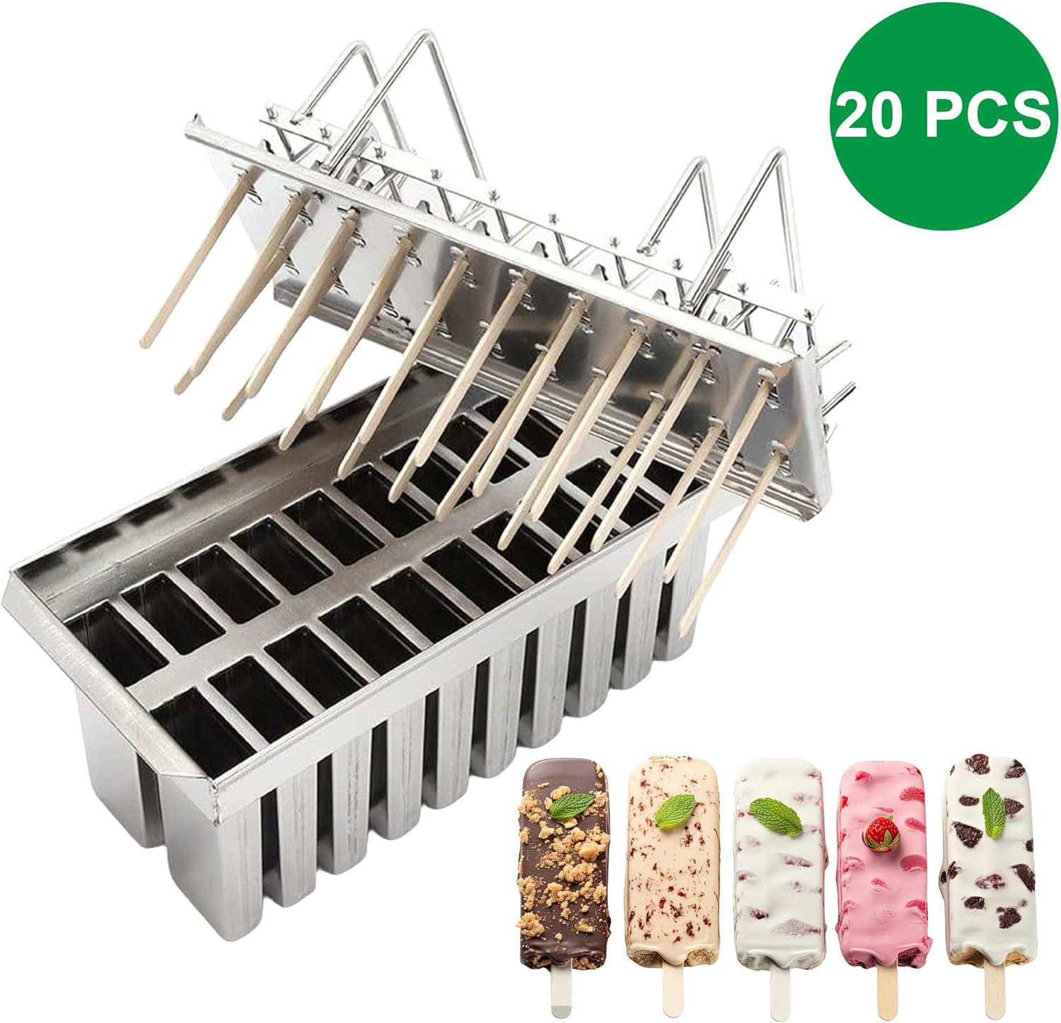 Wixkix – Moldes de acero inoxidable para paletas comerciales, congelación rápida, barra de helado, moldes para hacer paletas de hielo (20 moldes,