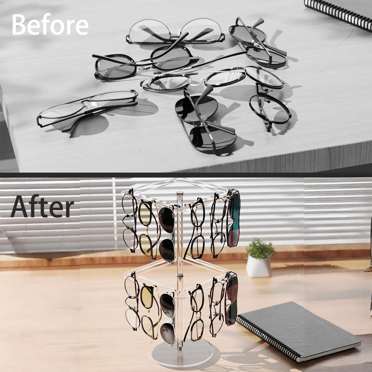 Estante de exhibición de gafas de sol y lentes de acrílico giratorio de 360 – Organizador de mesa transparente de doble nivel para gafas