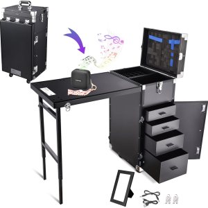 Mesa de manicura rodante, escritorio de uñas, estuche de tren de maquillaje, carrito de cosméticos de viaje para técnico, salón de maquillaje con 4 Mesa de manicura rodante, escritorio de uñas, estuche de tren de maquillaje, carrito de cosméticos de viaje para técnico, salón de maquillaje con 4