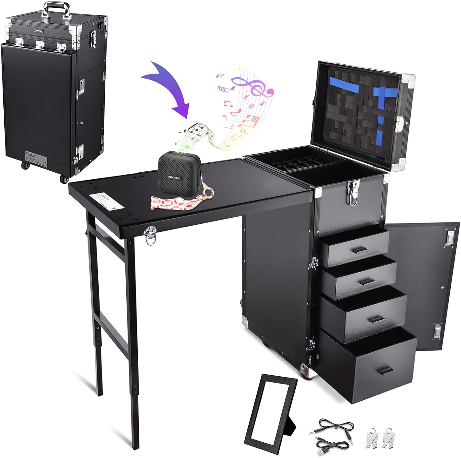 Mesa de manicura rodante, escritorio de uñas, estuche de tren de maquillaje, carrito de cosméticos de viaje para técnico, salón de maquillaje con 4