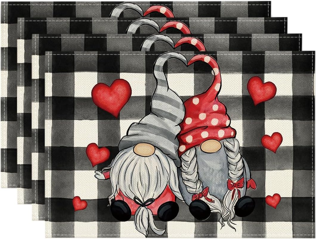 Artoid Mode Juego de 4 manteles individuales de 12 x 18 pulgadas, diseño de gnomos de corazones de búfalo para el día de San Valentín, aniversario,