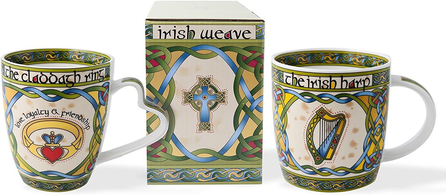 Royal Tara Juego de tazas de porcelana irlandesa (claddagh irlandés y arpa) en una caja de regalo a juego de la colección Irish Weave