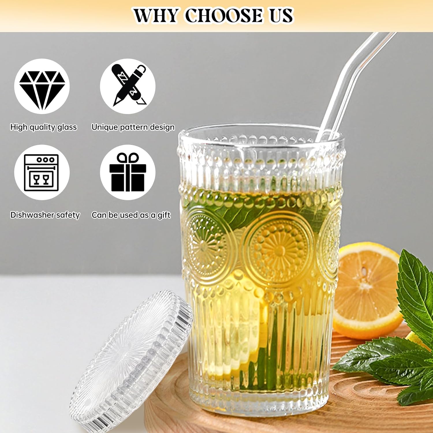 Vaso de vidrio vintage a rayas, taza de café con tapa y pajita, tapas que no aseguran para agua, café helado, leche, té, jugo (B-Vintage)