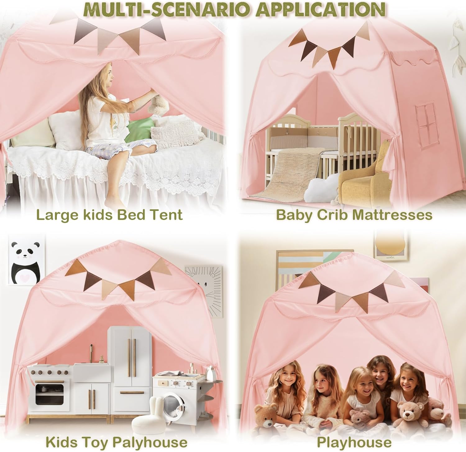 Tienda de campaña extragrande para niños con banderas y luces de estrella, tipi portátil y plegable, toldo de cama para niños y niñas, tienda de