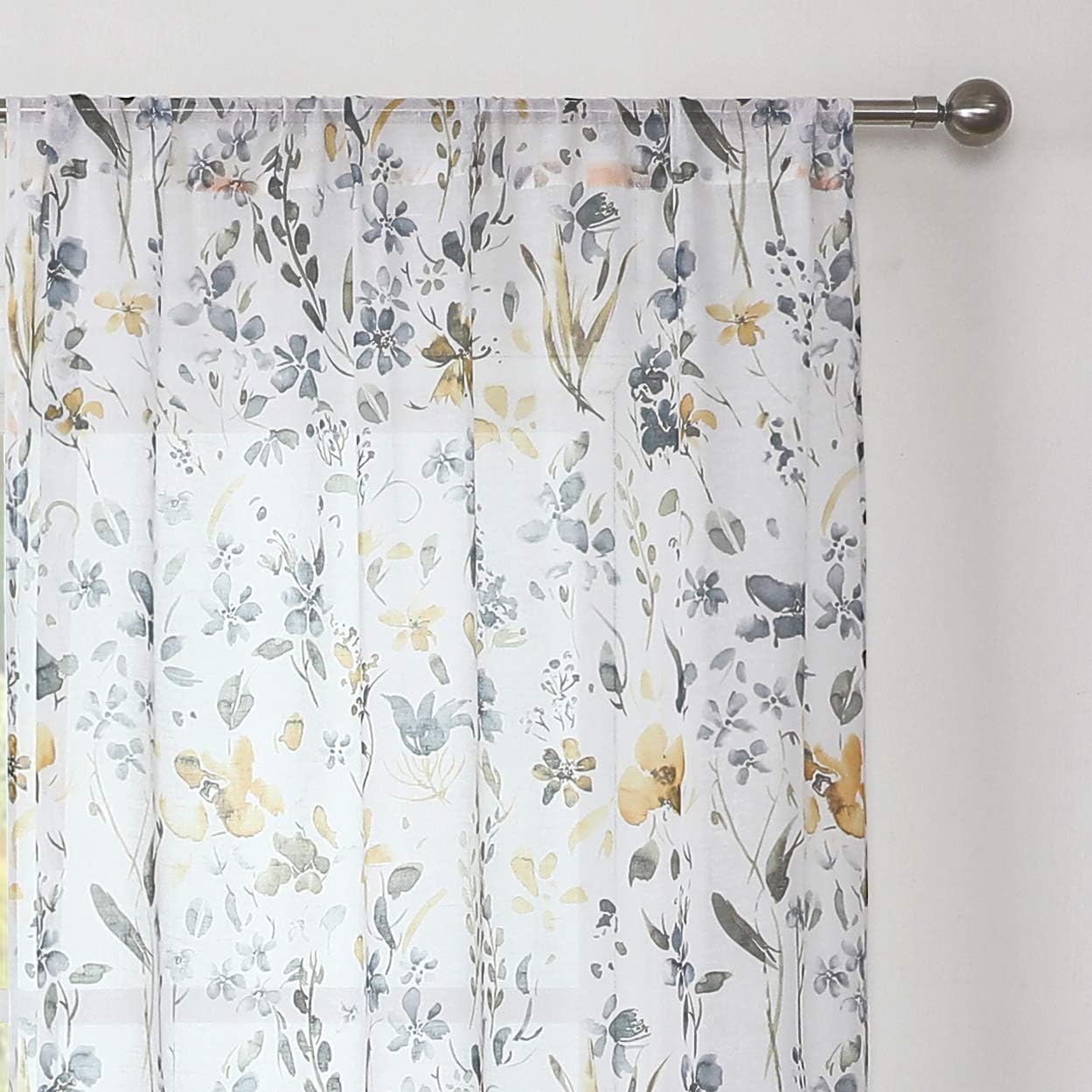 Fragrantex Cortinas traslúcidas de acuarela floral amarillo y gris, 84 pulgadas de largo para sala de estar, estampado botánico, tela texturizada de