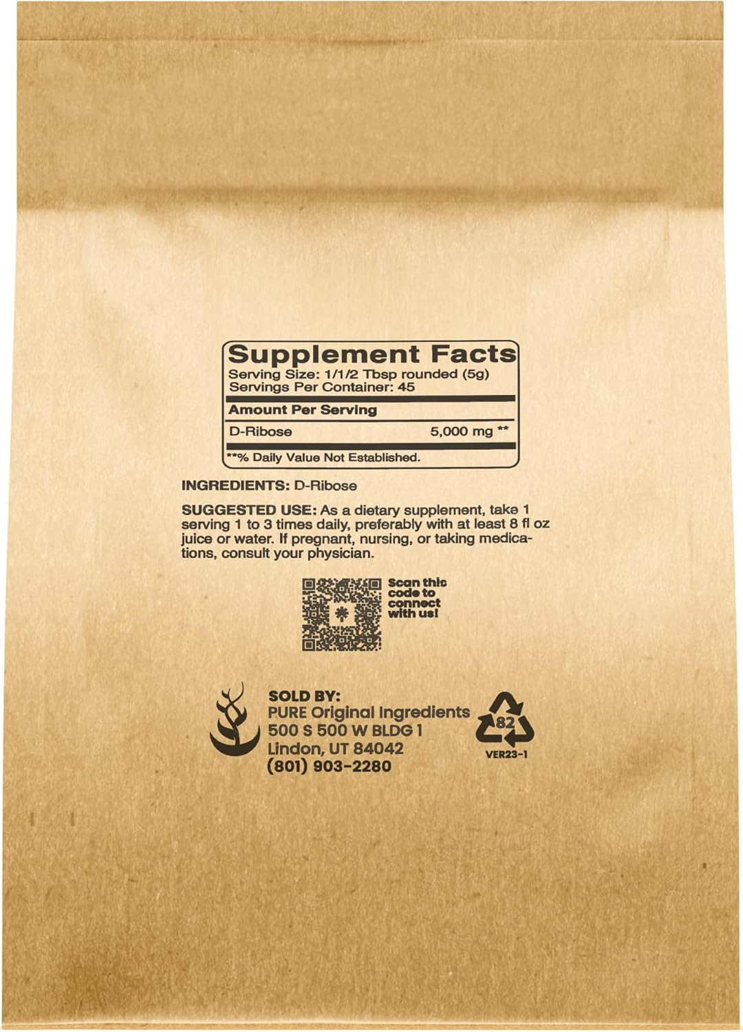 Pure Original Ingredients D-Ribose (8oz) Nutritional Supplement, Non-GMO, Gluten-Free, Unflavored