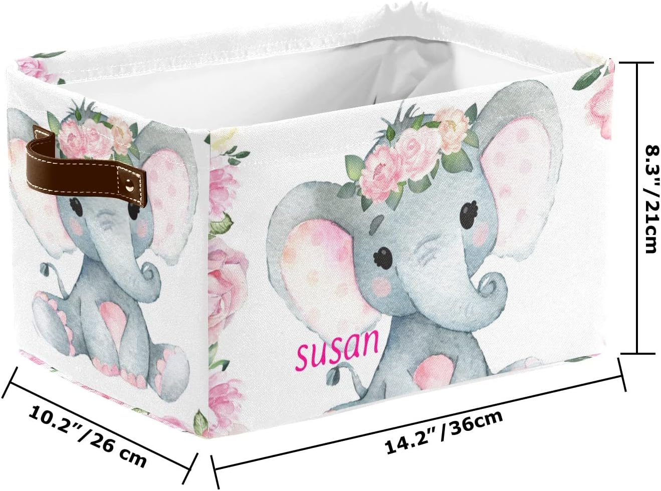 Contenedor de almacenamiento personalizado con diseño floral rosa de elefante bebé con nombre, impermeable, con asas, para cestas de regalo, bolsa