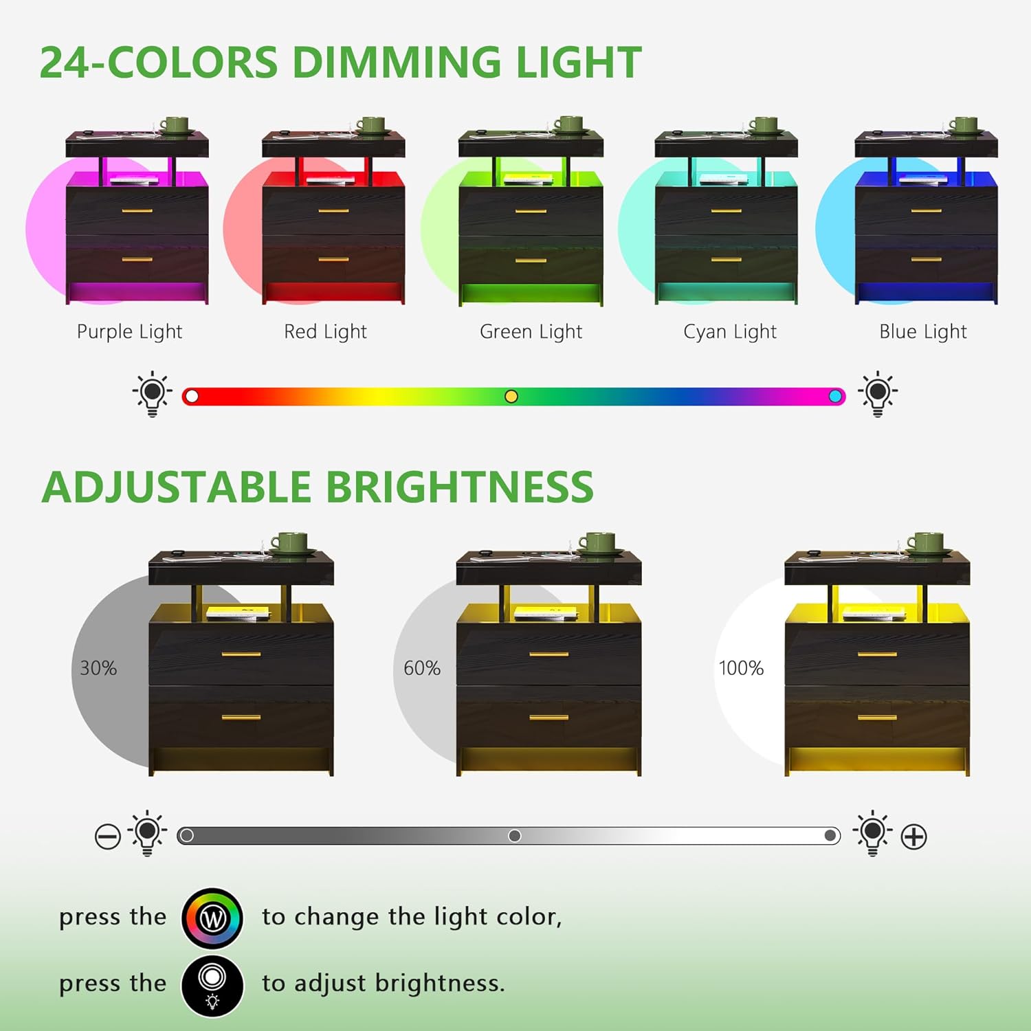 HNEBC Mesita de noche LED, RGB negro con estación de carga USBinalámbrica, moderna mesita de noche con sensor automático de luces RGB, mesa auxiliar