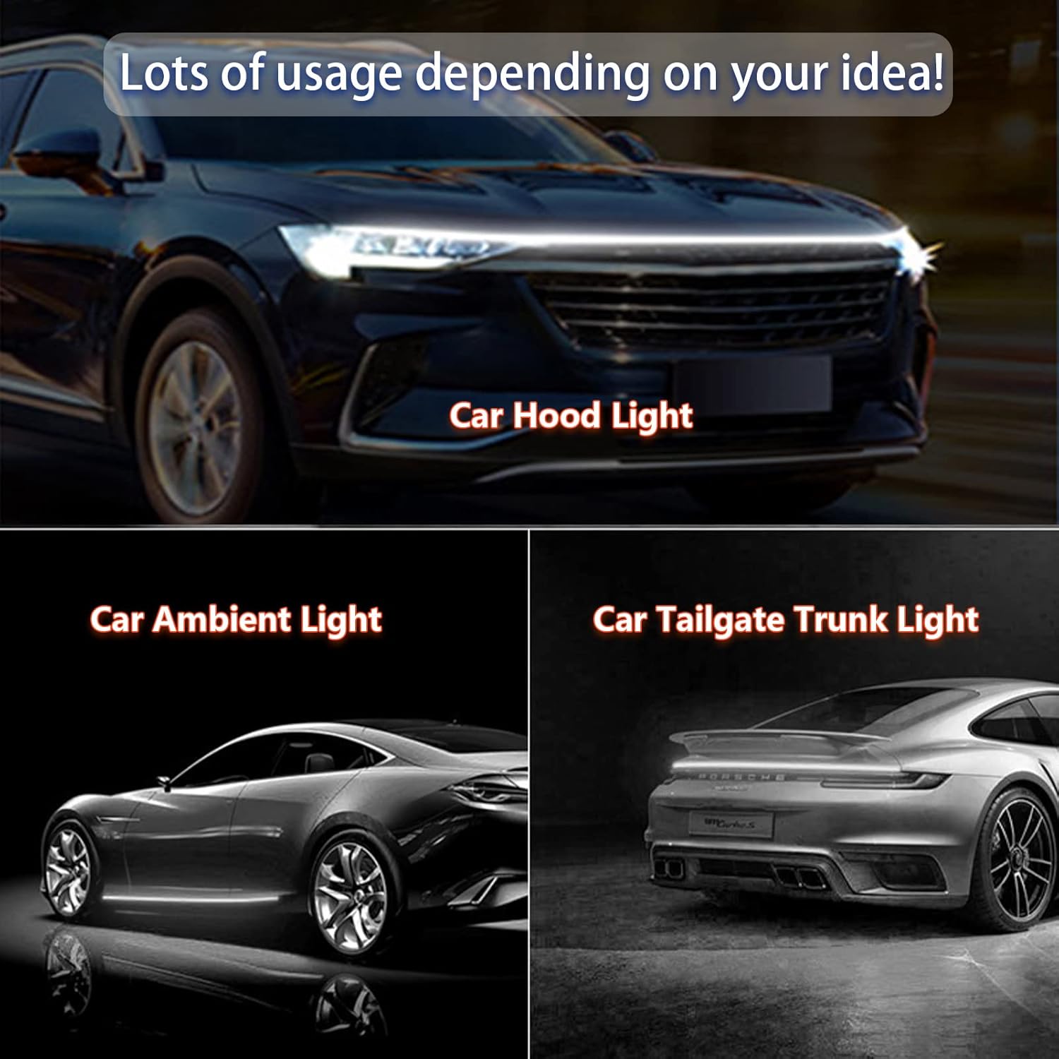 GZRUICA Tira de luz para capó de automóvil, 70 pulgadas, tira de luces LED blancas para capó, flexible, impermeable, escaneo dinámico DC12V, luces