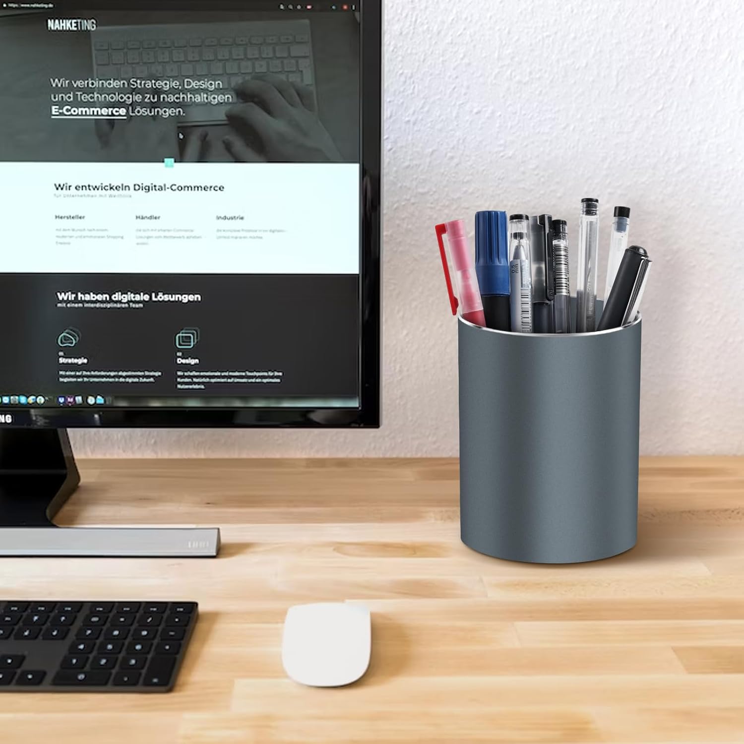 Soporte de metal para bolígrafo para escritorio, organizador de escritorio redondo de aluminio y soporte para brochas de maquillaje, caja de