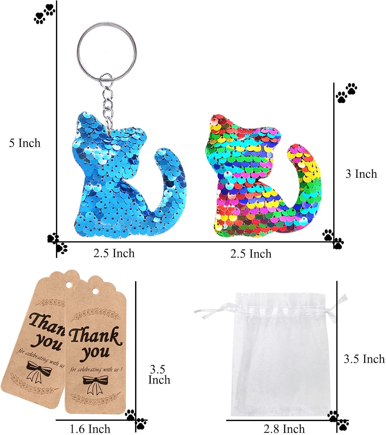 CiciBear Juego de 60 llaveros de lentejuelas con 20 llaveros de gato, 20 etiquetas de agradecimiento y 20 bolsas de regalo para recuerdos de fiesta