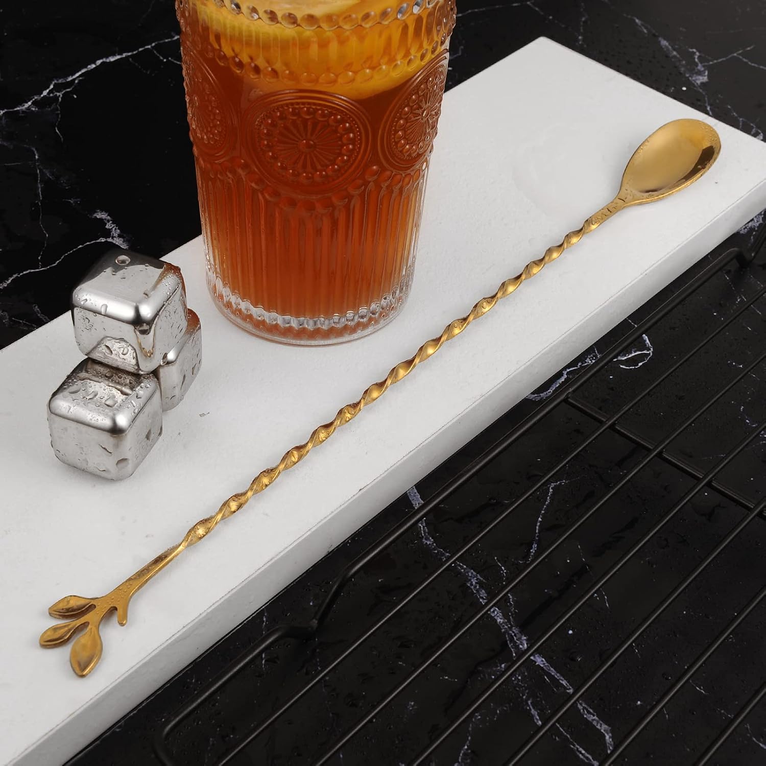 AnSaw Cuchara mezcladora de acero inoxidable de 12 pulgadas, 6 cucharas de barra con patrón en espiral dorado