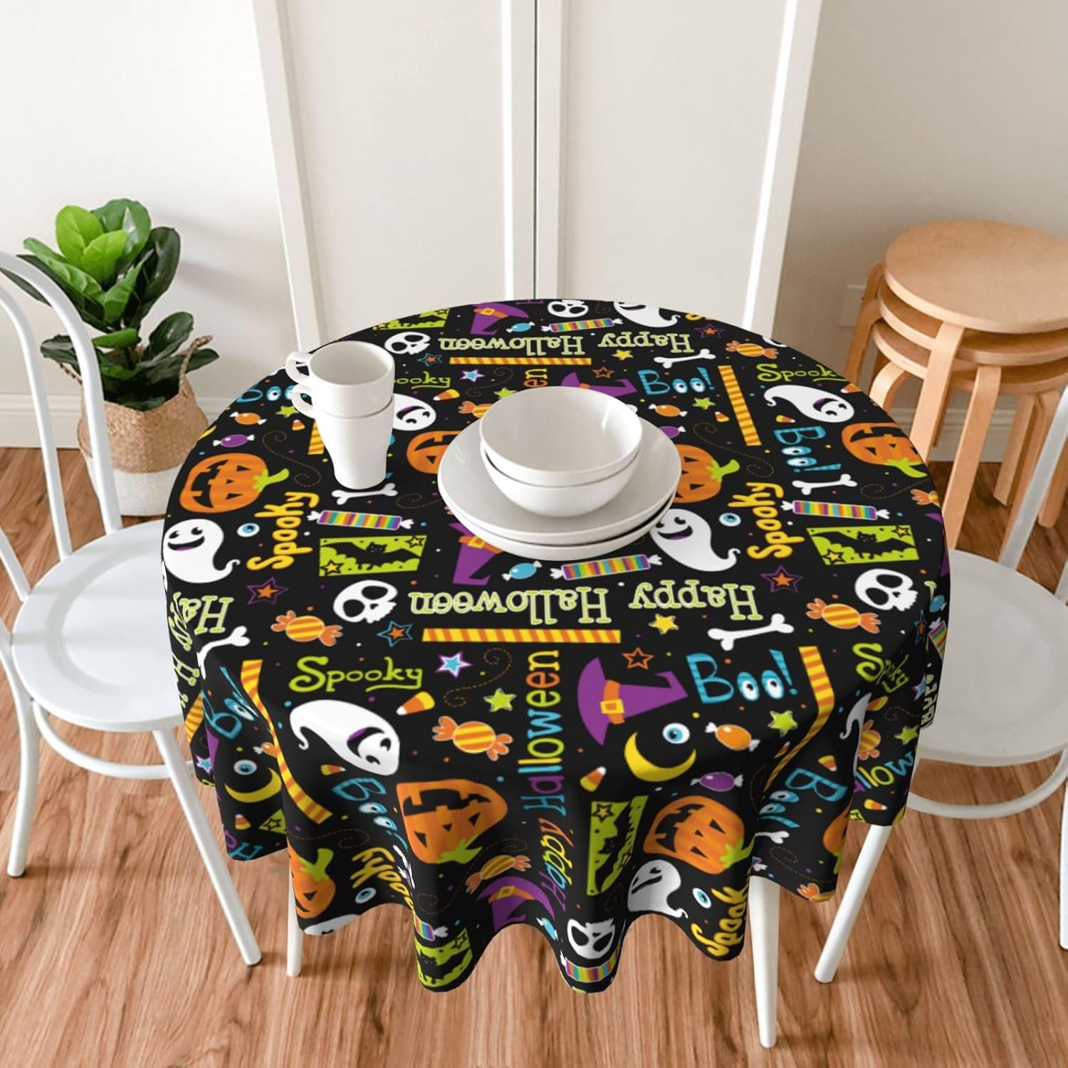 Mantel redondo de calaveras de Halloween, diseño de calabaza, murciélago, caramelo, maíz, impermeable, lavable, para el hogar, restaurante, cocina,