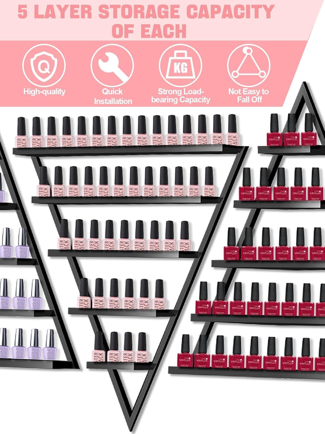 10 estantes de almacenamiento de esmalte de uñas de metal para montaje en pared, 5 niveles, color negro, triangular, vitrina de cosméticos, lápiz