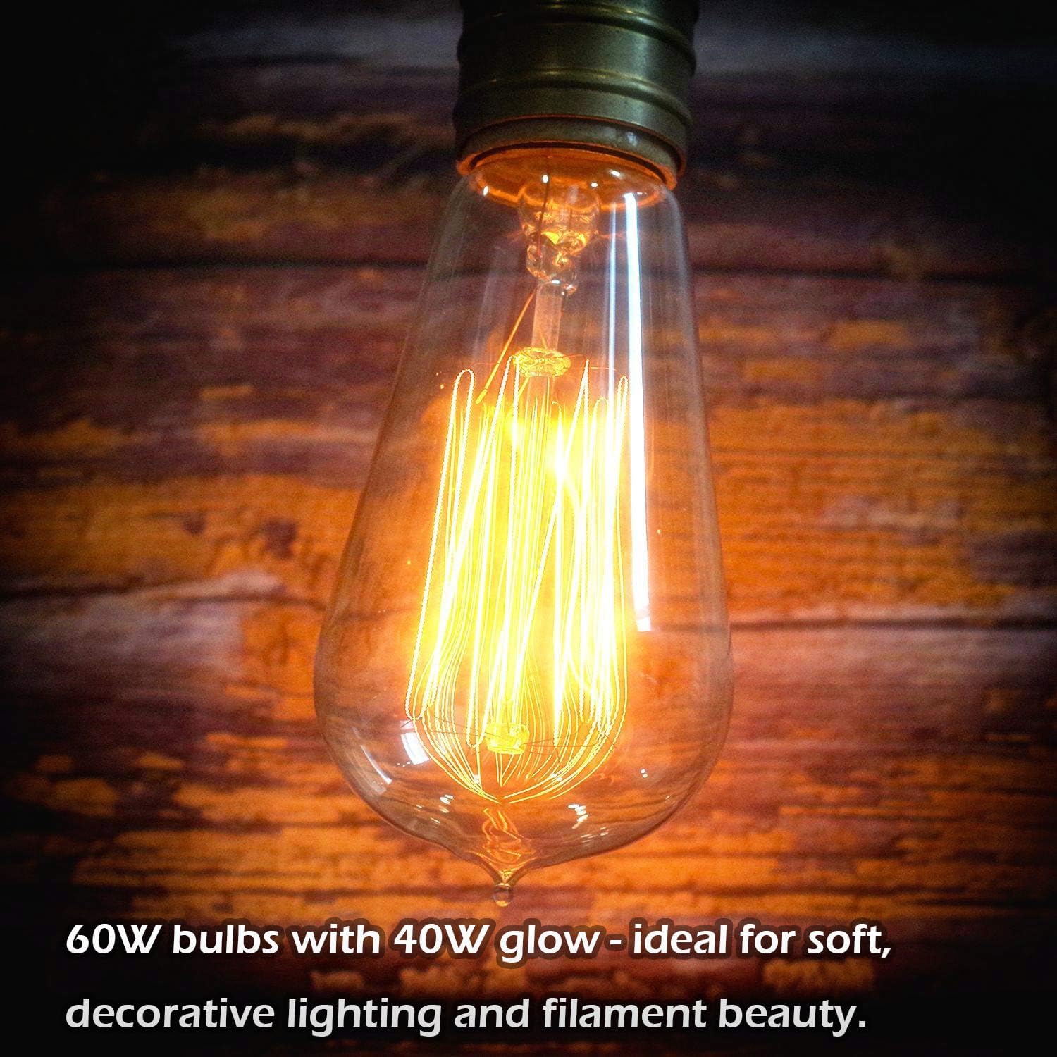 Jslinter Paquete de 6 bombillas Edison, luz incandescente blanca cálida de 2200 K, luz incandescente antigua de 60 W, regulable ST58, luz de estilo