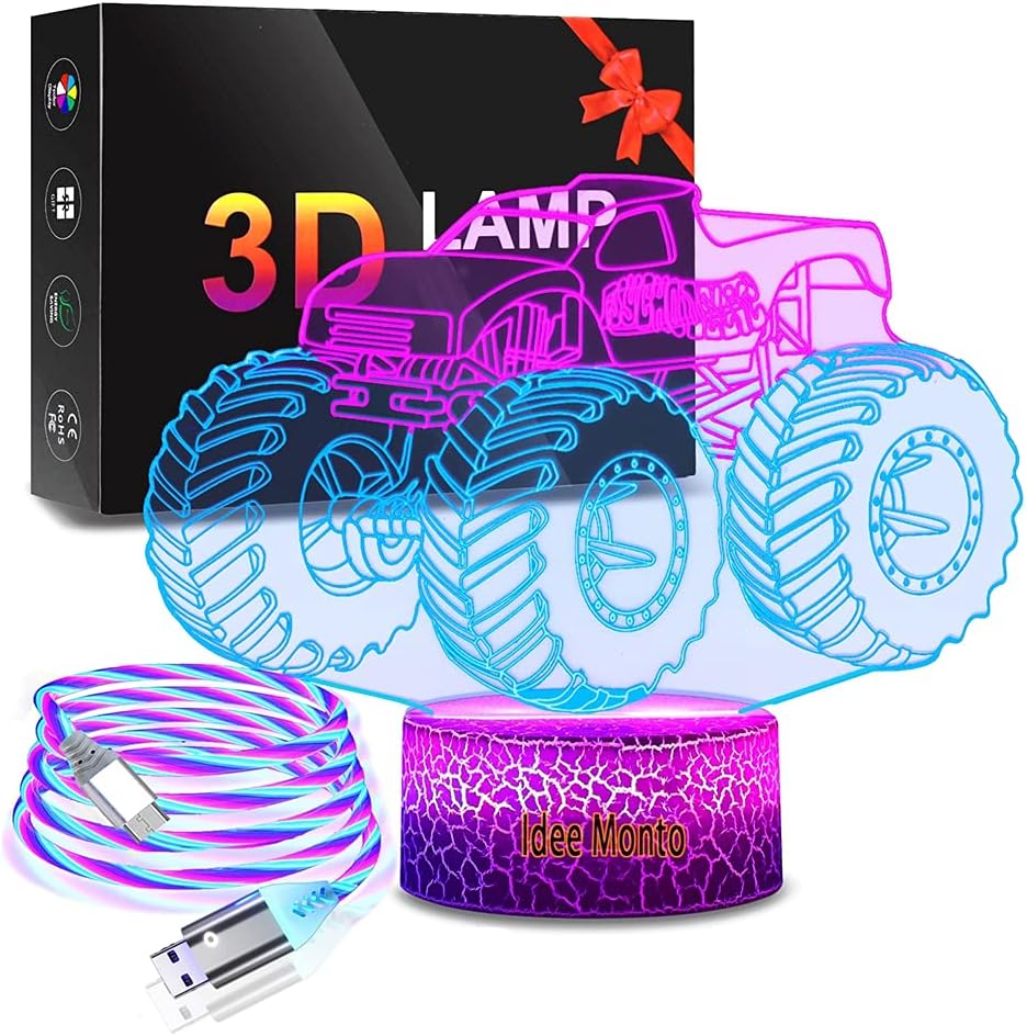 Idee Monto Hot Wheels Monster Truck Jam, Monster Trucks para niños, camión monstruo zombi, lámpara de ilusión LED 3D, luces nocturnas para niños