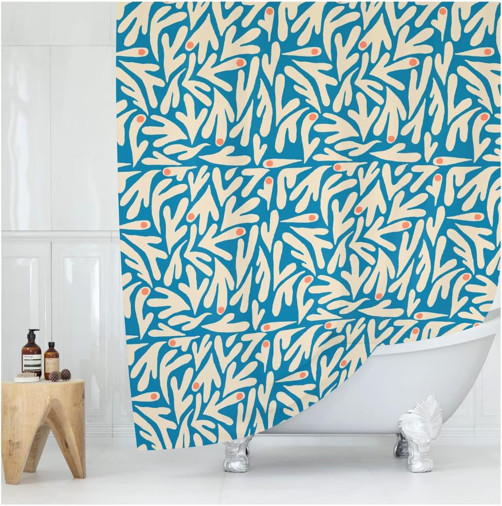 Matisse – Cortina de ducha de tela moderna bohemia azul y blanca, cortina de ducha de arte floral abstracto, 72 x 72 pulgadas (Matisse)