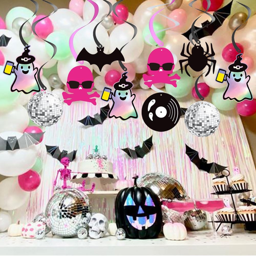20 espirales colgantes de Halloween Death By Disco, Lets Go Ghouls, decoración colgante de despedida de soltera, calavera rosa intenso, serpentinas